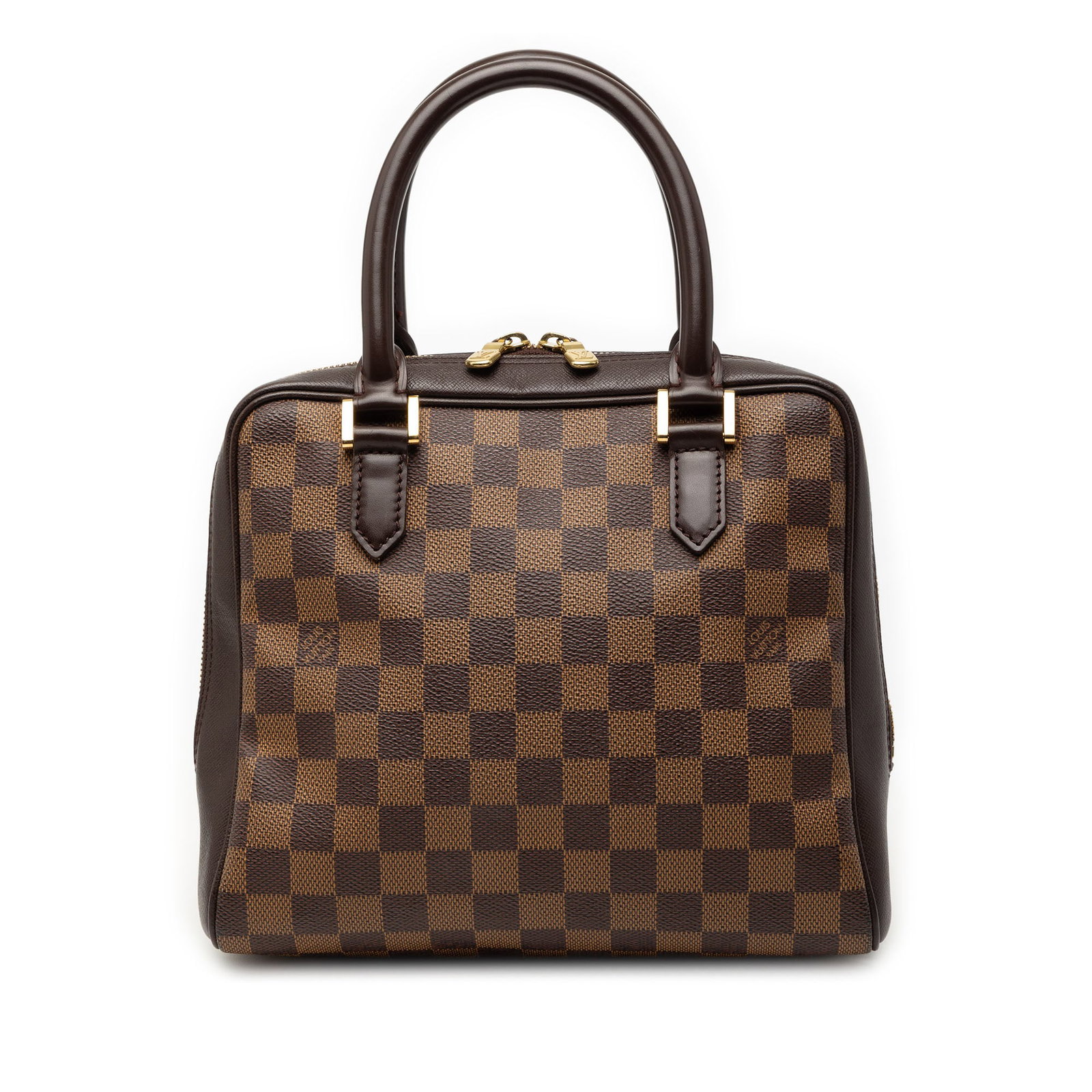 Damier Ebene Brera handbag with leather trim by Louis Vuitton: Damier Ebene Brera handbag with leather trim by Louis Vuitton This Louis Vuitton Damier Ebene Brera bag features a distinctive brown Damier Ebene canvas body with leather trim and rolled leather handl