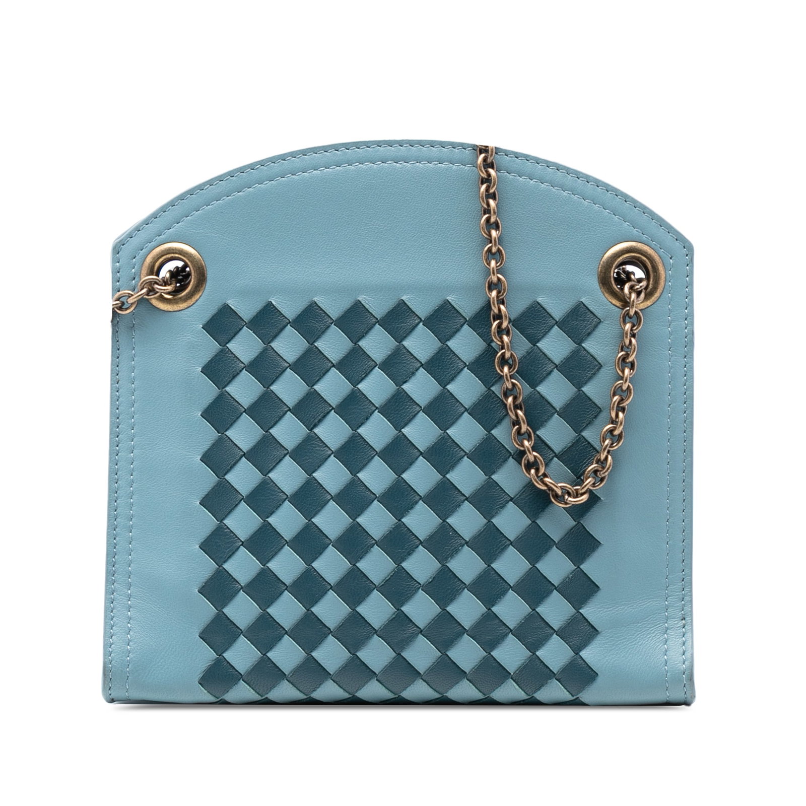 Blue Nappa Leather Woven Chain Wallet by Bottega Veneta: Blue Nappa Leather Woven Chain Wallet by Bottega Veneta This Bottega Veneta Nappa Intrecciato chain wallet features a blue nappa leather body with signature woven detailing. It is designed with gold-t