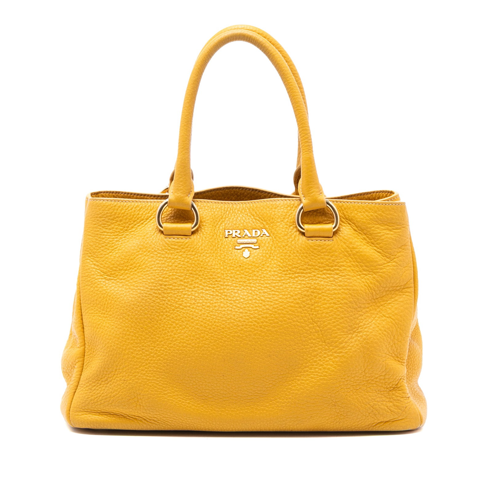 Yellow Leather Satchel by Prada Vitello Daino Convertible Style: Yellow Leather Satchel by Prada Vitello Daino Convertible Style This Prada Vitello Daino Open Convertible Tote features a yellow leather exterior with rolled leather handles and an open top secured by