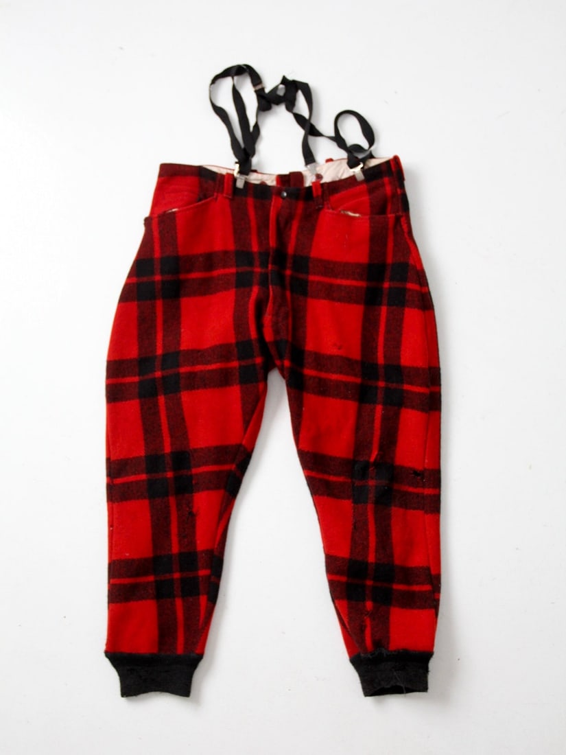 1940s Vintage Plaid Wool Hunting Pants with Suspenders: 1940s Vintage Plaid Wool Hunting Pants with Suspenders Discover a unique piece of history with these vintage plaid wool hunting pants from the 1940s - 1950s. Crafted from warm wool, these pants showca
