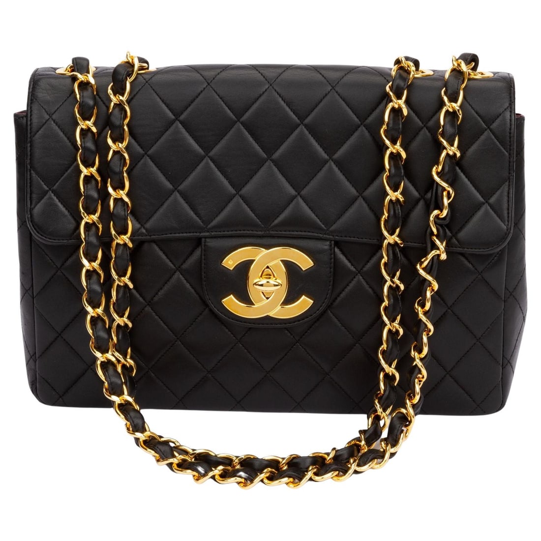 Chanel Jumbo Black Lambskin Flap Bag 24kt Gold Hardware with CoA: Chanel Jumbo Black Lambskin Flap Bag 24kt Gold Hardware with CoA This exquisite Chanel Jumbo Black Flap Bag is crafted from luxurious lambskin and features stunning 24kt gold plated hardware, making i