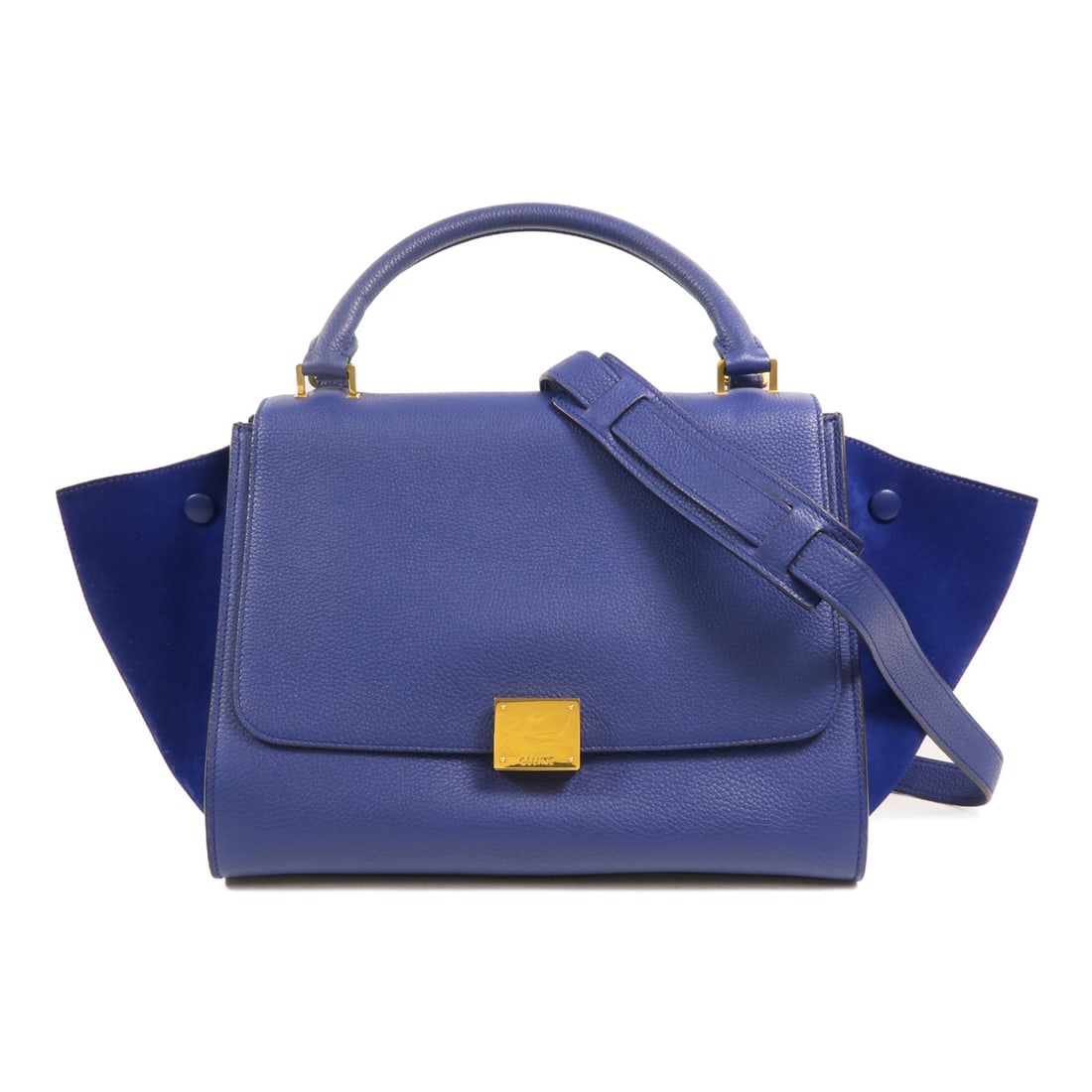 Celine Trapeze Blue Calfskin 2 Way Shoulder Bag GHW: Celine Trapeze Blue Calfskin 2 Way Shoulder Bag GHW This CELINE Trapeze 2-way shoulder bag features a sophisticated design crafted from blue calfskin leather. The bag offers versatile carrying options