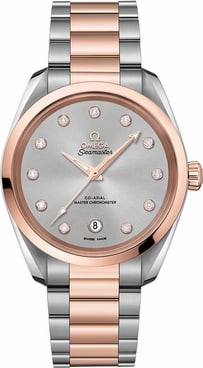 Seamaster 38mm Diamond Face Watch 18k RG-SS Ref 220.20.38.20.56.002 with Card: Seamaster 38mm Diamond Face Watch 18k RG-SS Ref 220.20.38.20.56.002 with Card This Omega Seamaster features a 38mm case crafted from a combination of 18k rose gold and stainless steel. The watch is fi