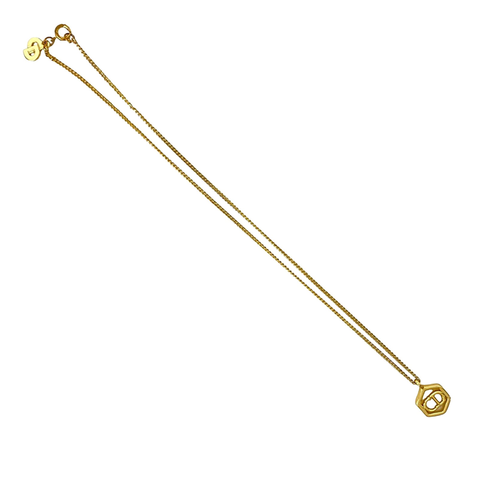 Gold Plated Pendant Necklace with CD Motif by Dior: Gold Plated Pendant Necklace with CD Motif by Dior This Dior necklace features a gold plated metal body with a CD logo pendant and a spring ring closure. The piece is designed in a classic gold color 