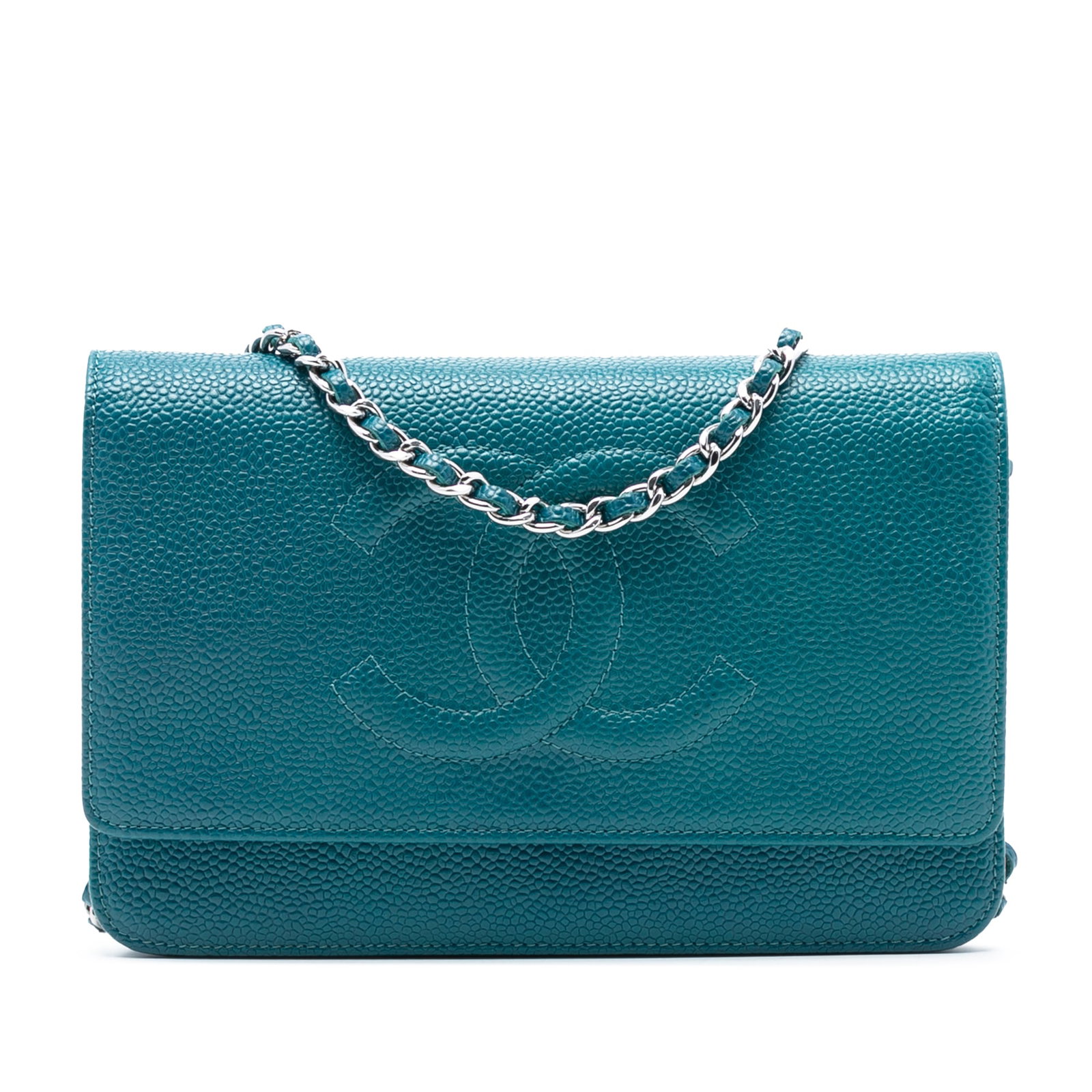 Blue Caviar Leather Chain Wallet by Chanel with Magnetic Flap: Blue Caviar Leather Chain Wallet by Chanel with Magnetic Flap This Chanel CC Caviar Wallet On Chain features a blue caviar leather body, a leather-woven chain strap, a top flap with magnetic closure, 