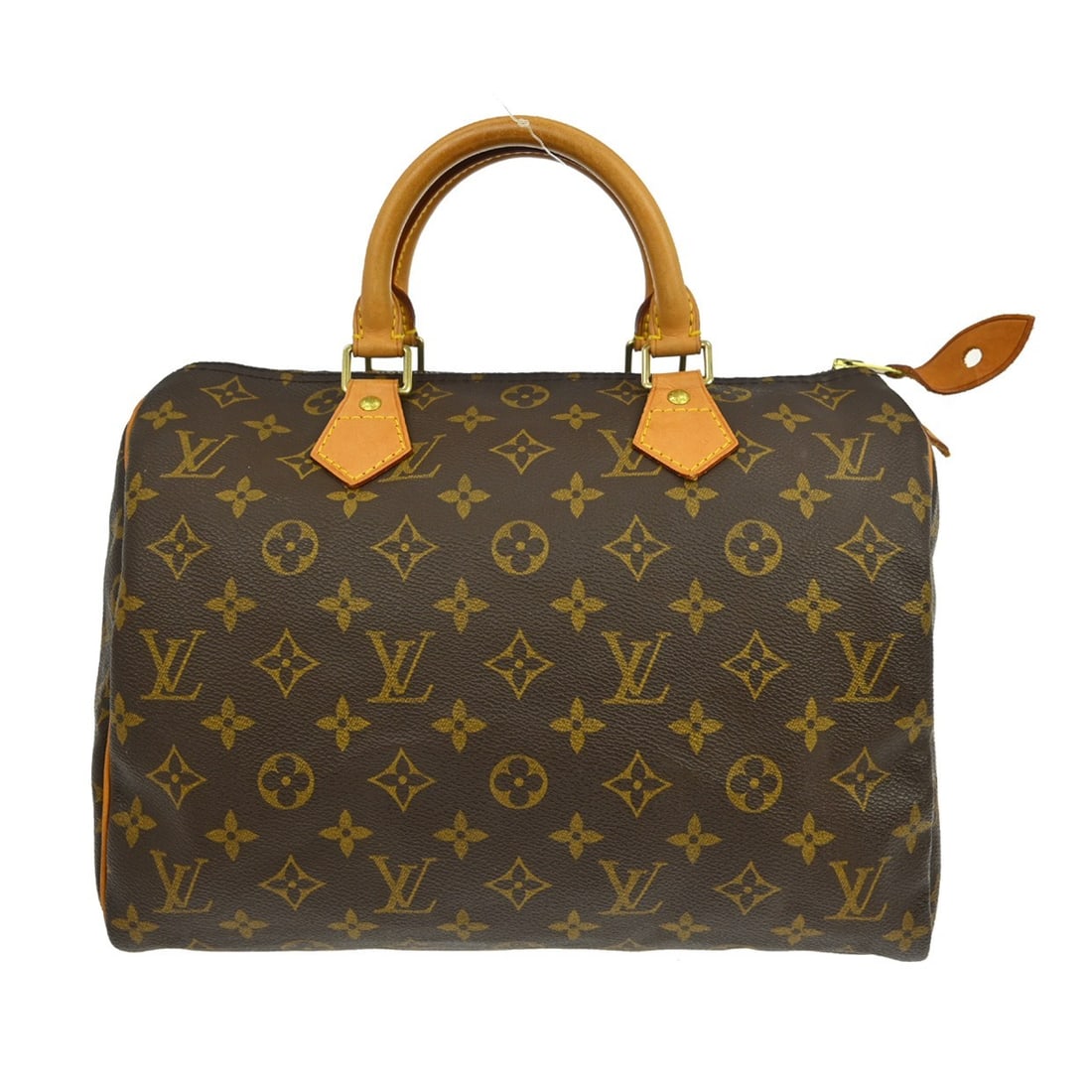 Louis Vuitton Speedy 30 Monogram Canvas Satchel Brown Leather Handles: Louis Vuitton Speedy 30 Monogram Canvas Satchel Brown Leather Handles The Louis Vuitton Speedy 30 handbag features the iconic monogram canvas design with beige leather double handles. It is styled as 