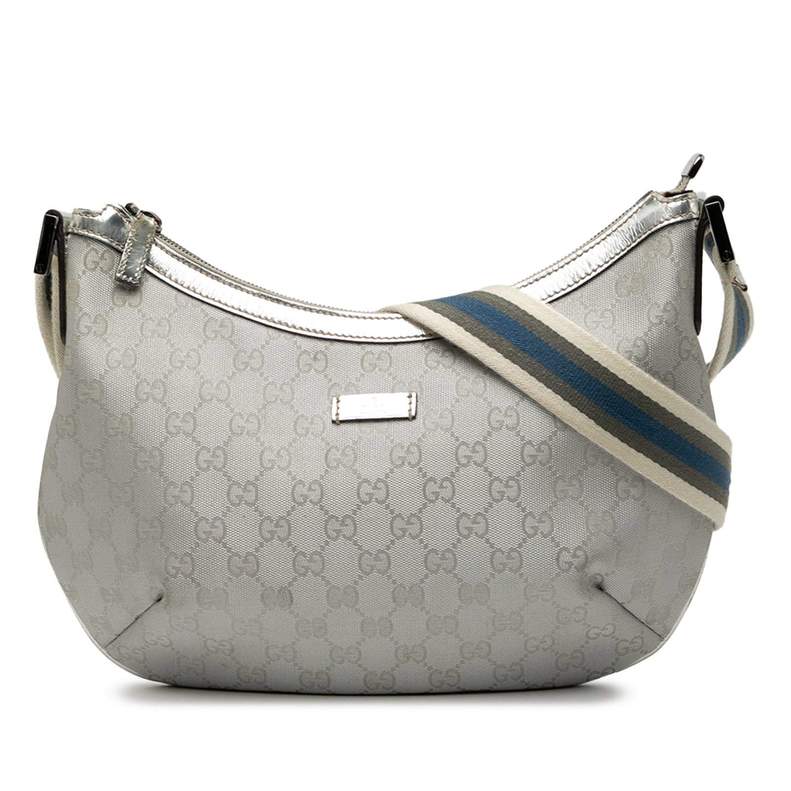 Gucci GG Imprime Web Silver Crossbody Bag Italy: Gucci GG Imprime Web Silver Crossbody Bag Italy This elegant Gucci GG Imprime Web Crossbody bag combines style and functionality. It features a durable coated canvas body with leather trim, a flat str
