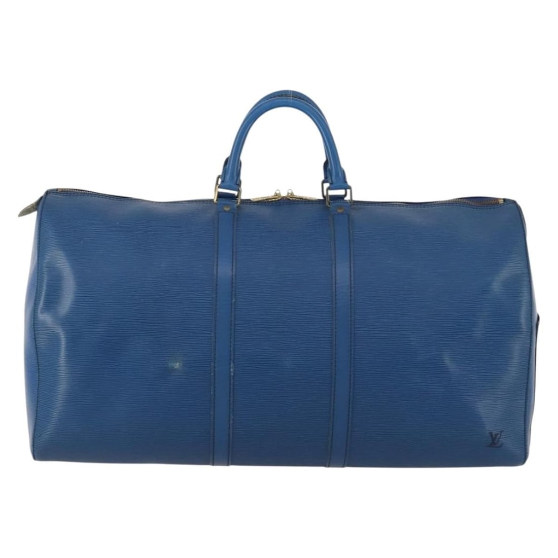 Blue Epi Leather Keepall Travel Bag by Louis Vuitton France: Blue Epi Leather Keepall Travel Bag by Louis Vuitton France This Louis Vuitton Keepall Bag features blue Epi leather and is designed for unisex use. The bag shows surface wear including rubbing and mi