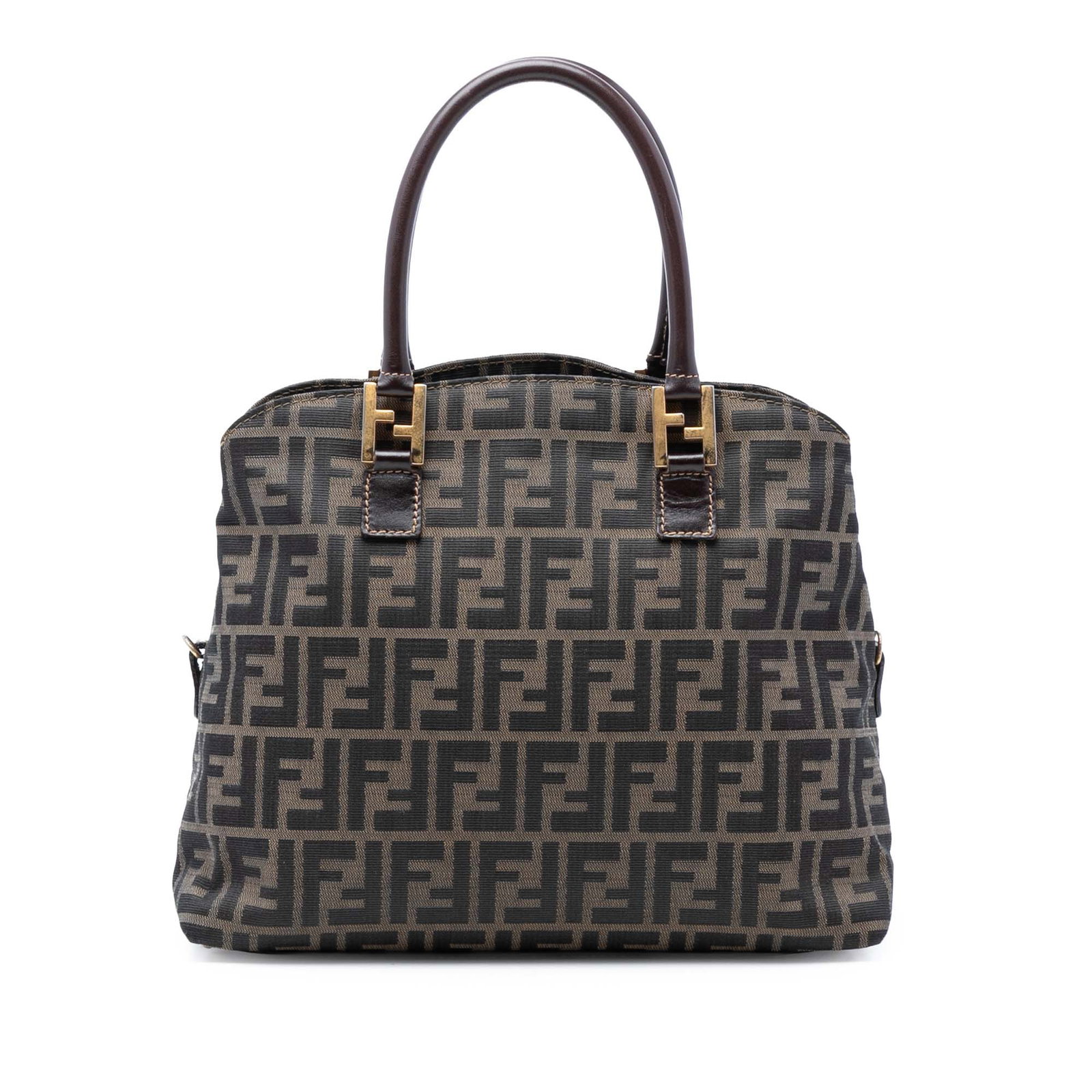 Fendi Brown Zucca Canvas Satchel Bag with Detachable Strap: Fendi Brown Zucca Canvas Satchel Bag with Detachable Strap This Fendi Zucca Canvas Satchel features a brown canvas exterior with rolled leather handles and a detachable flat strap. It is designed with