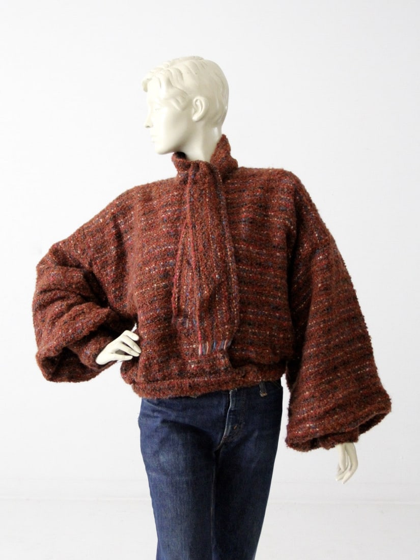 Vintage 80s Nikos Handwoven Rust Brown Jacket with Scarf: Vintage 80s Nikos Handwoven Rust Brown Jacket with Scarf Discover the unique charm of this vintage Nikos handwoven jacket, a stunning art piece from the 1980s. This beautifully textured rust brown jac