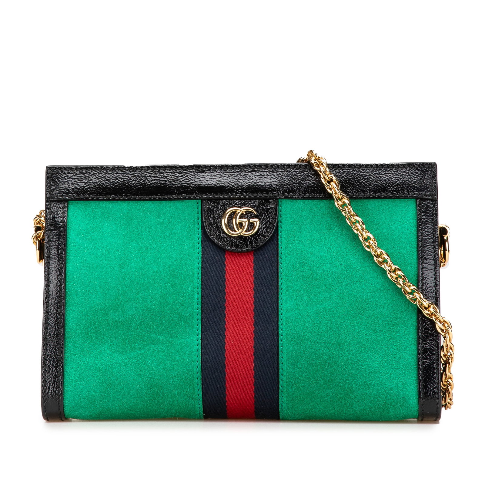 Gucci Ophidia Chain Crossbody Bag Green Suede Leather: Gucci Ophidia Chain Crossbody Bag Green Suede Leather The Gucci Small Suede Ophidia Chain Crossbody bag showcases a luxurious suede body complemented by leather trim, exuding elegance and style. This 