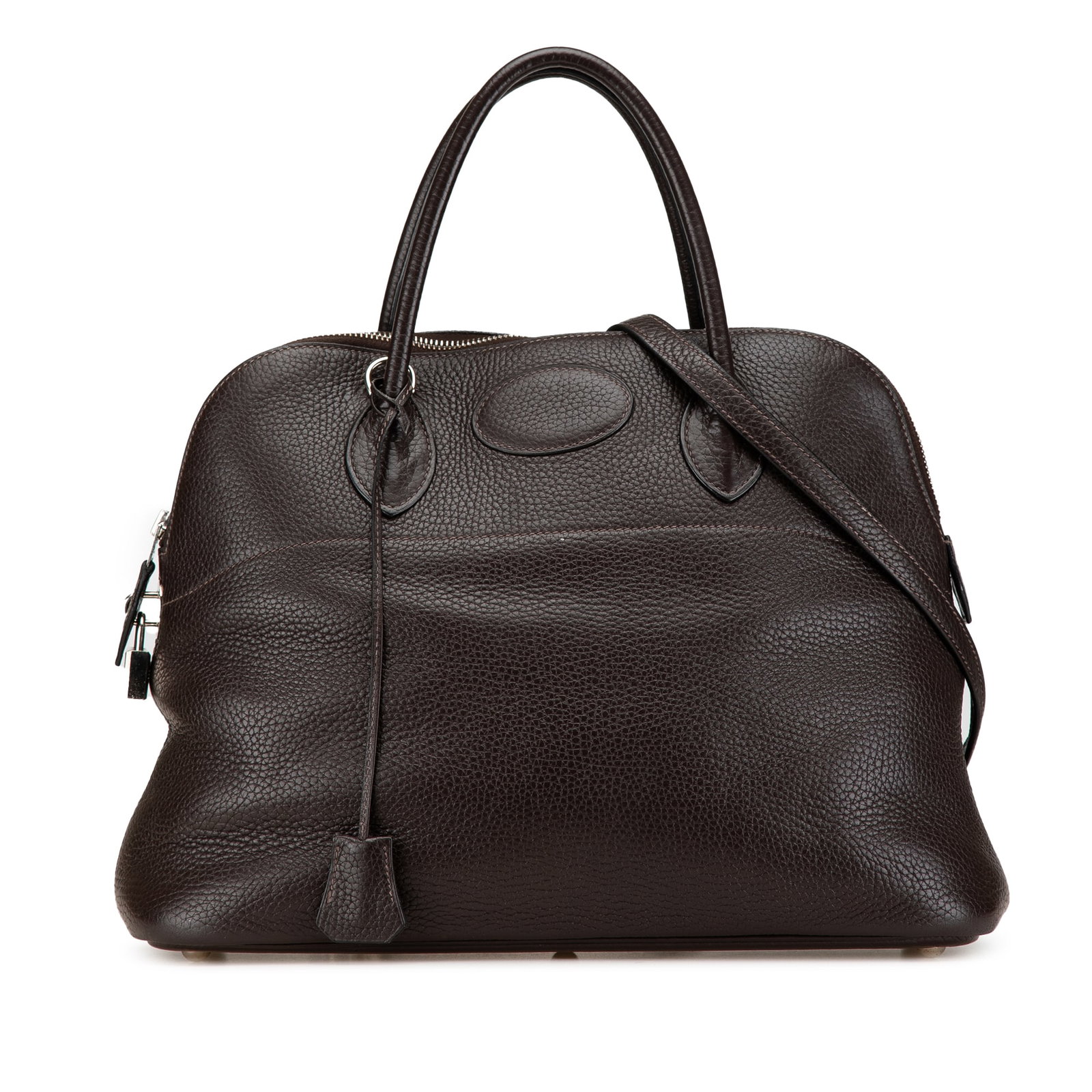 Hermes Clemence Bolide 35 Leather Bag with Detachable Strap Brown: Hermes Clemence Bolide 35 Leather Bag with Detachable Strap Brown Introducing the Hermes Clemence Bolide 35, an exquisite bag crafted from clemence leather. This stylish bag features rolled leather ha