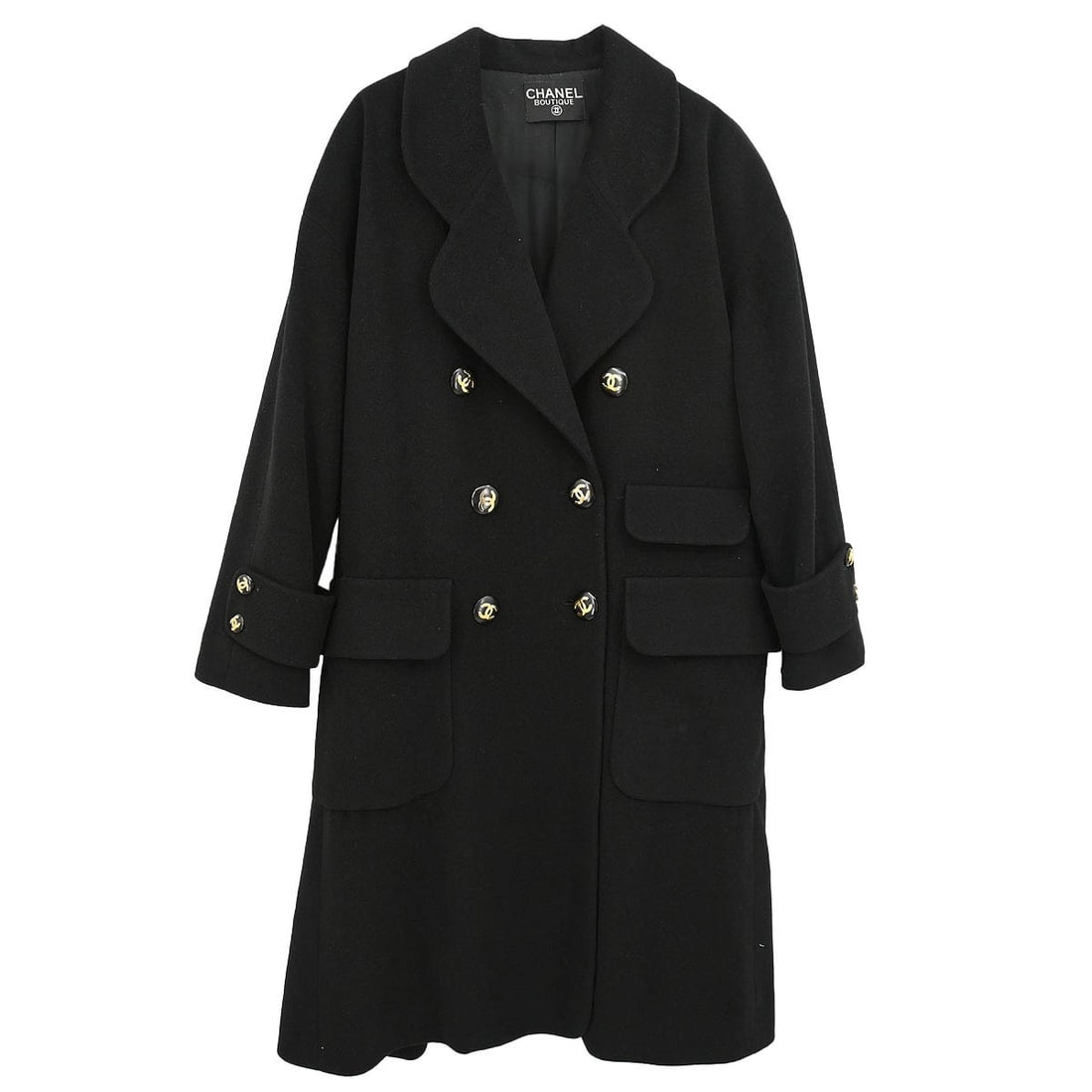 Long Black Overcoat by Chanel with Logo Accent One Size Vintage: Long Black Overcoat by Chanel with Logo Accent One Size Vintage This vintage Chanel overcoat features a long silhouette in classic black, designed for versatile wear from casual to formal occasions. I