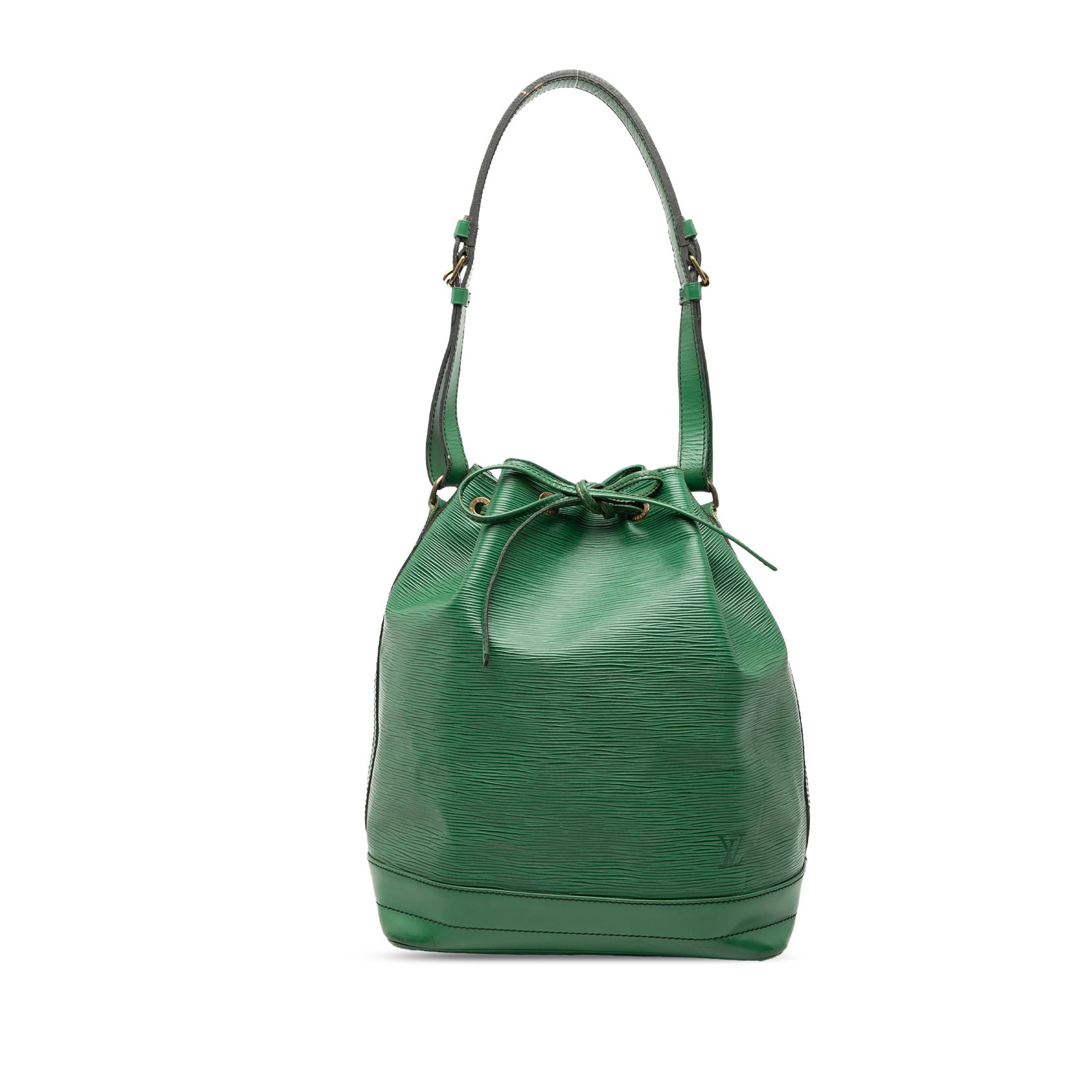 Louis Vuitton Epi Noe GM green leather shoulder bag with drawstring: Louis Vuitton Epi Noe GM green leather shoulder bag with drawstring This Louis Vuitton Epi Noe GM features a green epi leather body with an adjustable flat strap, an open top secured by a drawstring c