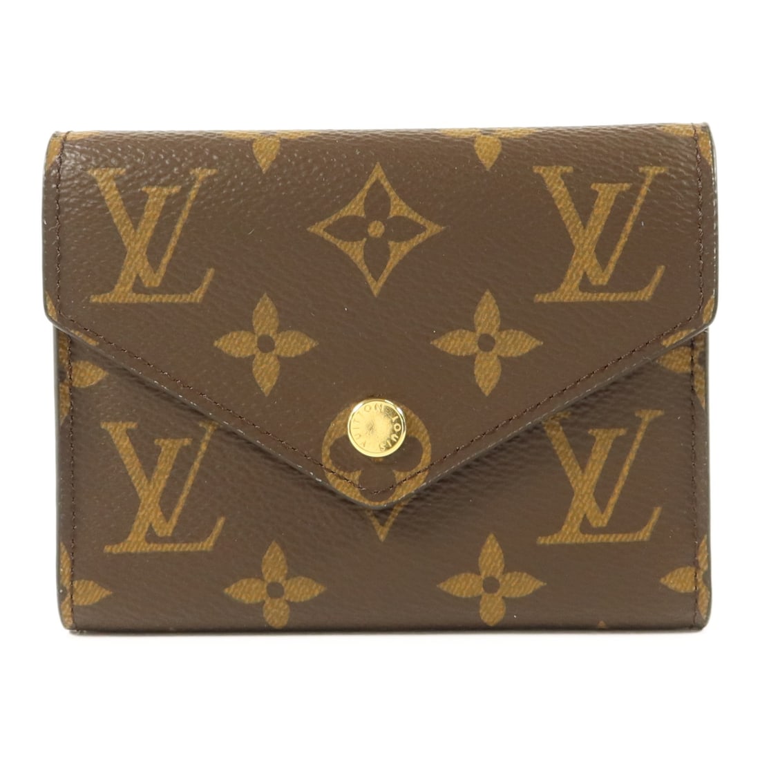 Victorine Brown Monogram Trifold Wallet with Gold Hardware by Louis Vuitton: Victorine Brown Monogram Trifold Wallet with Gold Hardware by Louis Vuitton This Louis Vuitton Victorine trifold wallet features a classic monogram design in brown PVC coated canvas. Designed for wome