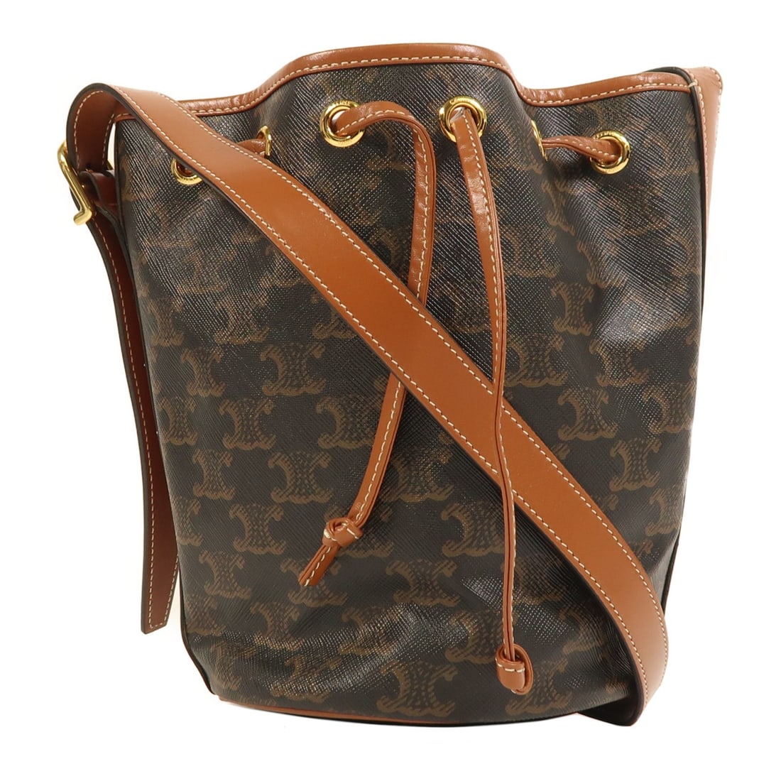 CELINE Triomphe Brown Shoulder Bag PVC Coated Canvas: CELINE Triomphe Brown Shoulder Bag PVC Coated Canvas This CELINE Triomphe Shoulder Bag is crafted from durable PVC coated canvas in a rich brown hue. The bag features a sophisticated design ideal for 