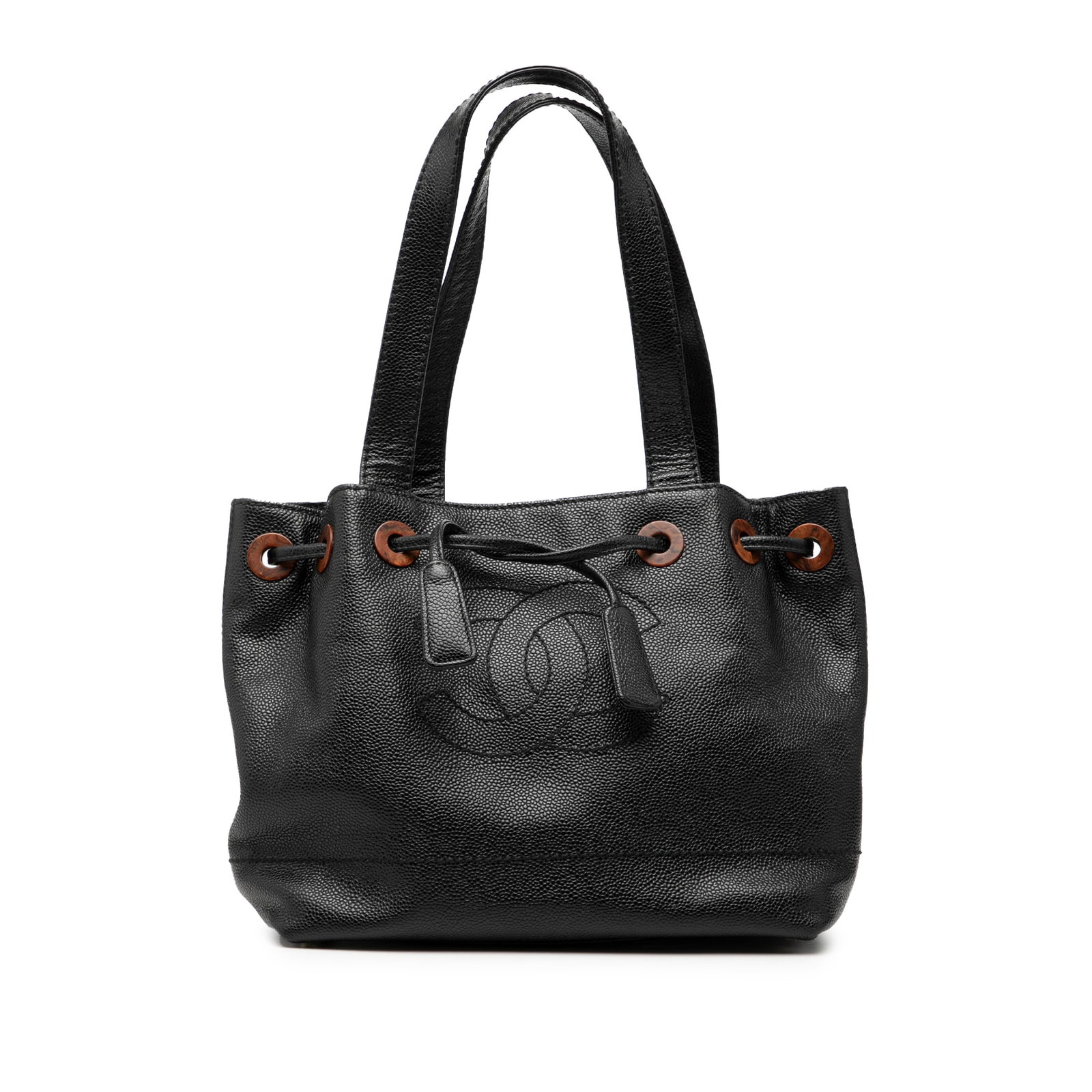 Chanel Black Caviar Leather Drawstring Tote Bag with Interior Zip Pocket: Chanel Black Caviar Leather Drawstring Tote Bag with Interior Zip Pocket This Chanel CC Caviar Drawstring Tote features a durable caviar leather body in black, flat leather handles, an open top with a