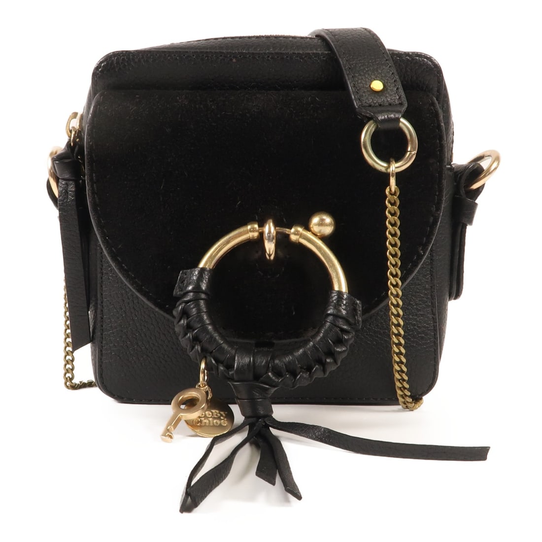 SEE BY CHLOE Black Calfskin Chain Shoulder Bag: SEE BY CHLOE Black Calfskin Chain Shoulder Bag This SEE BY CHLOE shoulder bag is crafted from luxurious black calfskin leather, offering a stylish and sophisticated accessory for any occasion. The bag