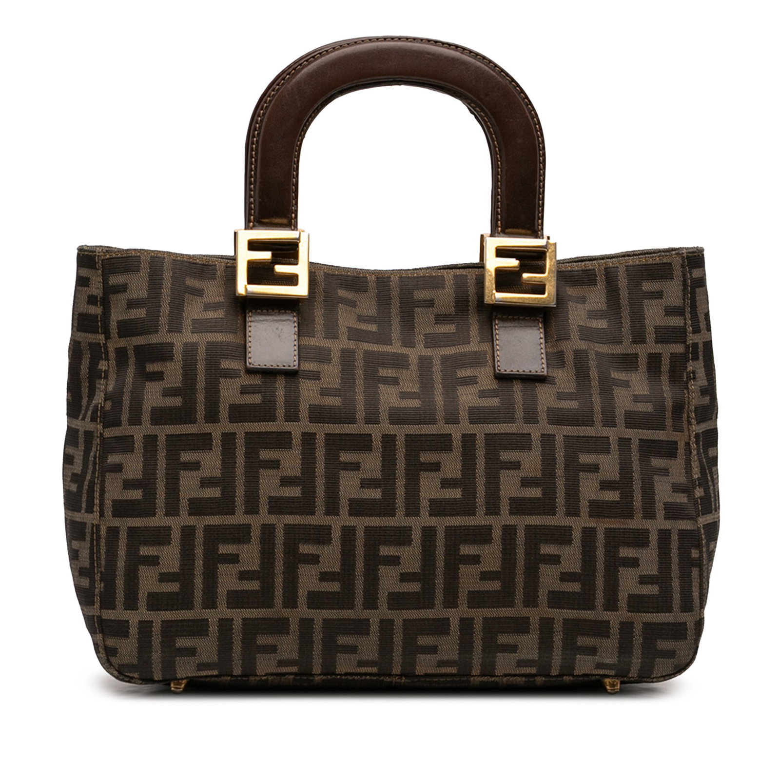 Small Twins Tote in Zucca Canvas with Leather Handles by Fendi: Small Twins Tote in Zucca Canvas with Leather Handles by Fendi This Fendi Small Zucca Canvas Twins Tote features a durable canvas body with flat leather top handles. The bag has an open top with a mag