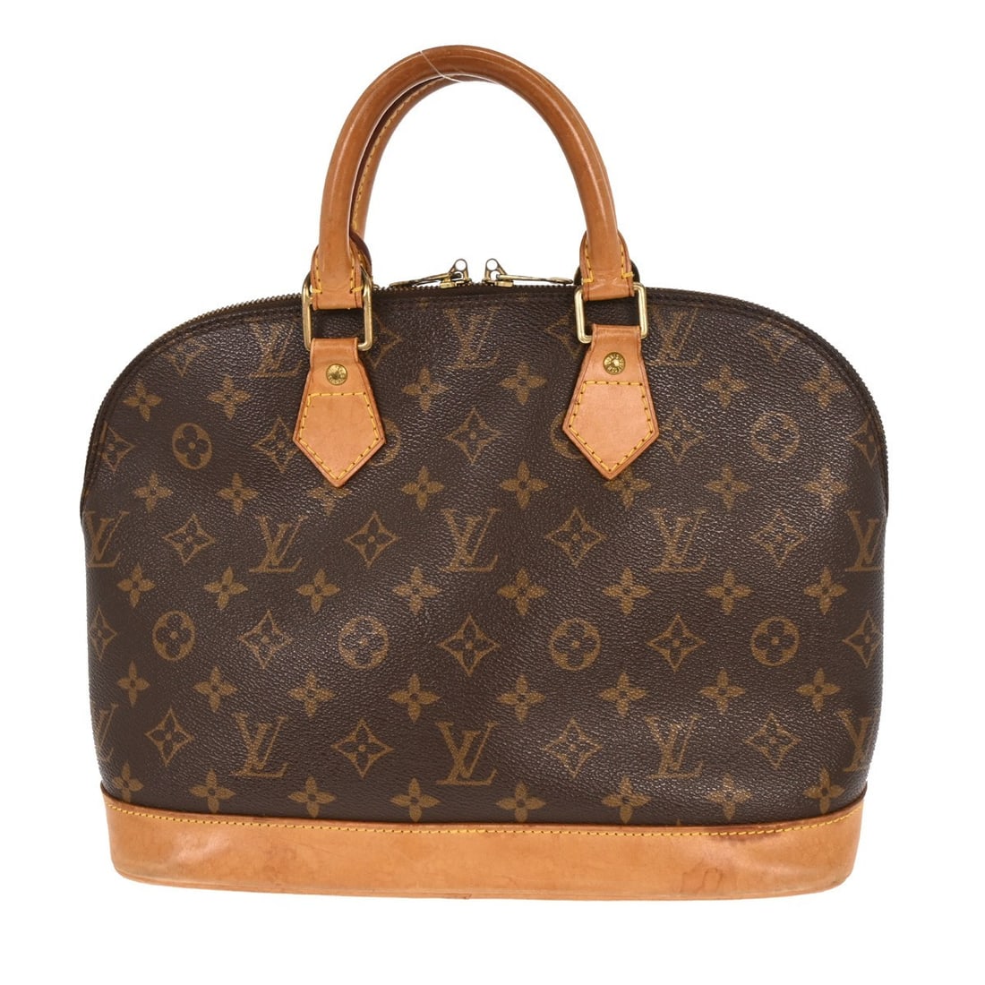 Louis Vuitton Monogram Alma M51130 Medium Brown Canvas Handbag: Louis Vuitton Monogram Alma M51130 Medium Brown Canvas Handbag This Louis Vuitton Alma handbag features the iconic monogram canvas with beige double handles and a zip closure. The medium-sized bag has