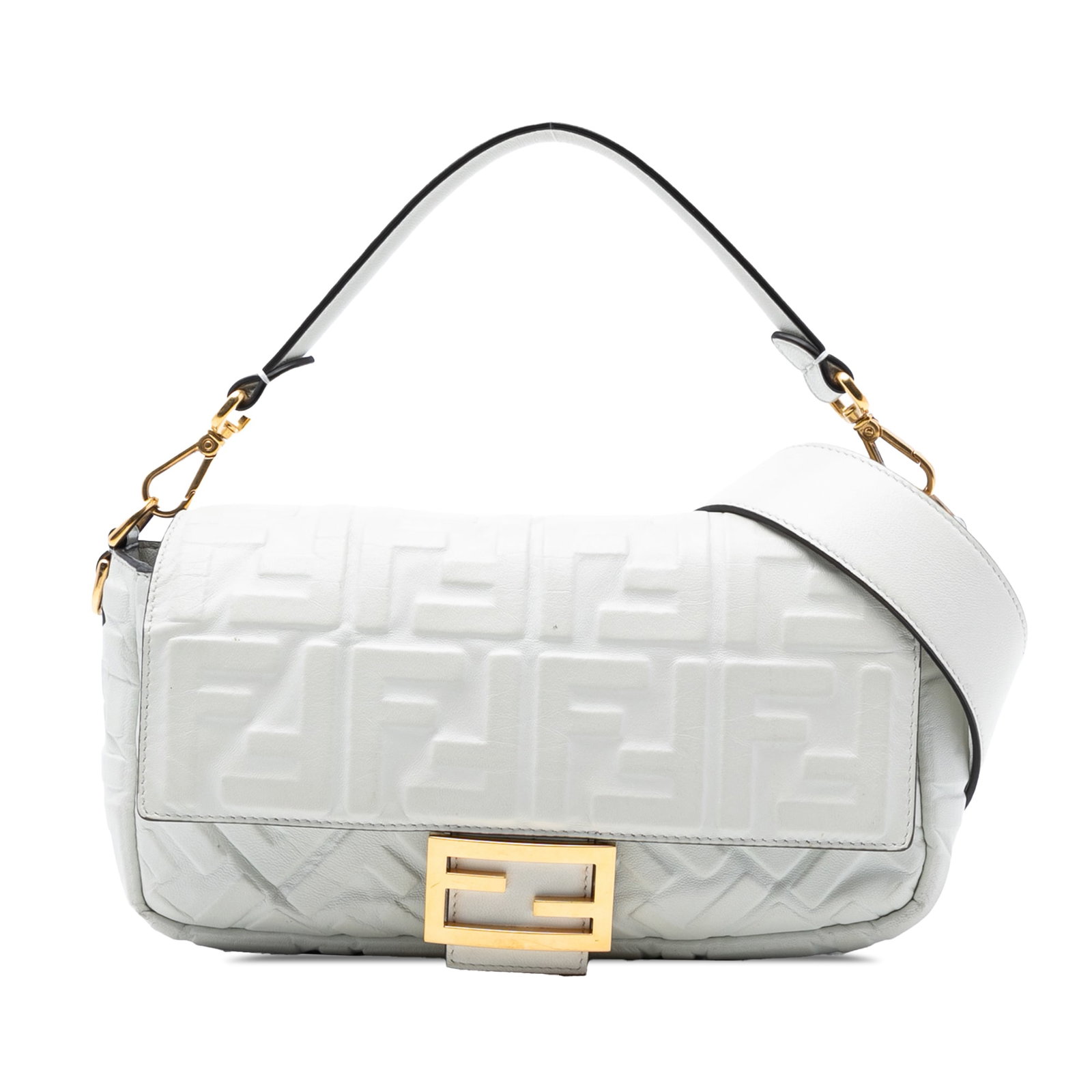 Fendi Baguette Satchel White Embossed Leather with Detachable Strap: Fendi Baguette Satchel White Embossed Leather with Detachable Strap This Fendi Zucca Embossed Leather Baguette Satchel features an embossed leather exterior in white with a flat leather handle and a d