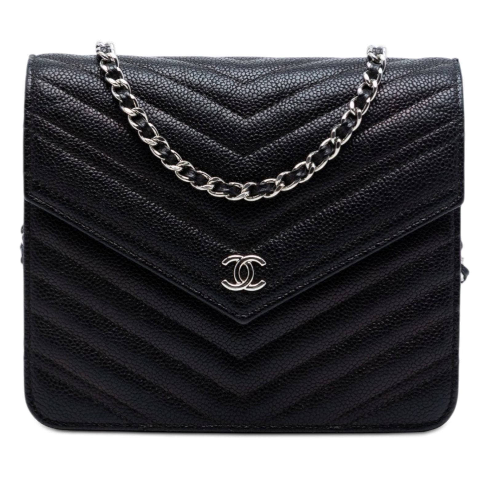 Chanel Chevron Caviar Leather Wallet on Chain with Quilted Flap: Chanel Chevron Caviar Leather Wallet on Chain with Quilted Flap This Chanel CC Chevron Caviar Square Wallet On Chain features a quilted caviar leather body and a leather-woven chain shoulder strap. Th