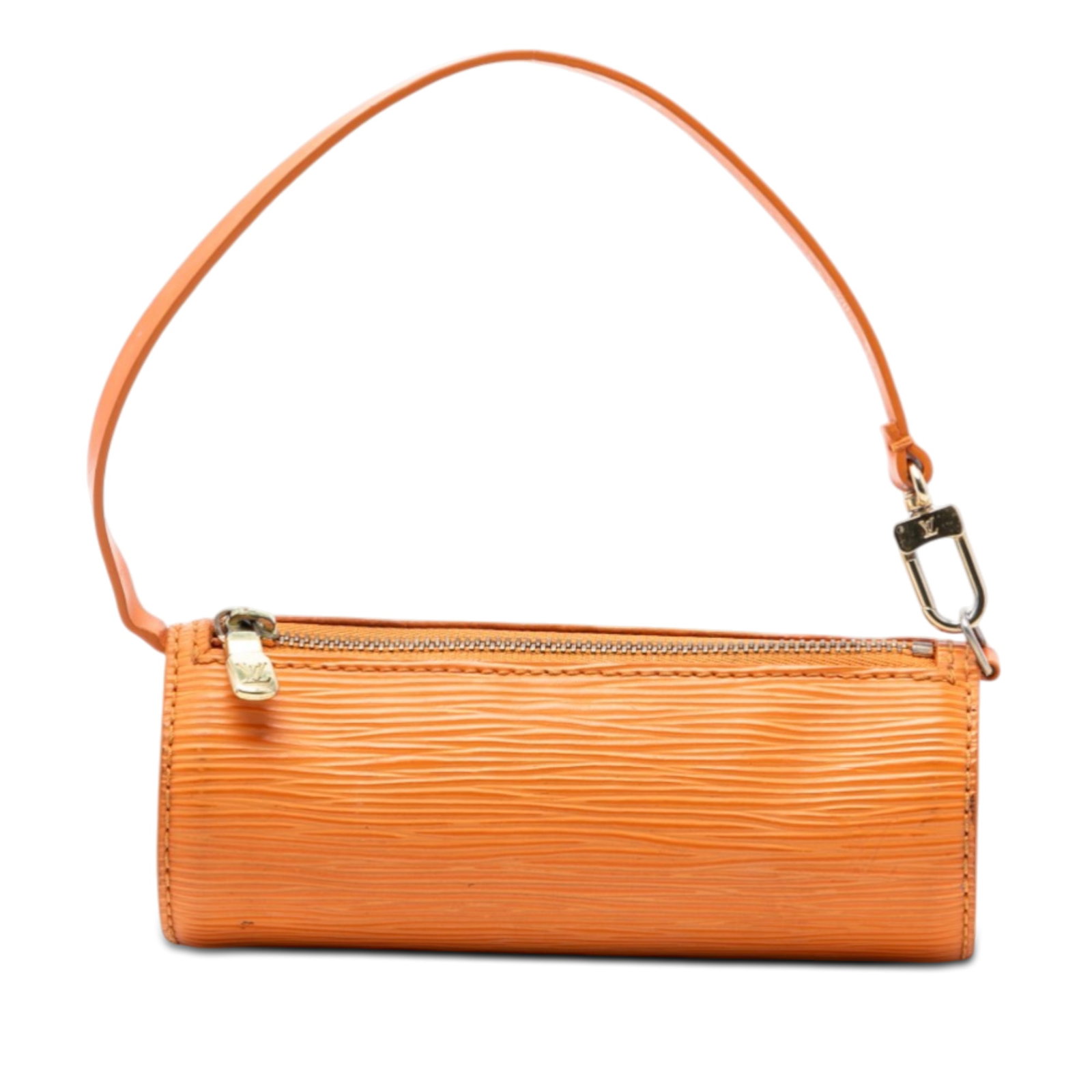 Epi Leather Pochette Papillon Orange Shoulder Bag by Louis Vuitton: Epi Leather Pochette Papillon Orange Shoulder Bag by Louis Vuitton This Louis Vuitton Epi Pochette Papillon features a distinctive epi leather body in orange, complemented by a detachable leather stra