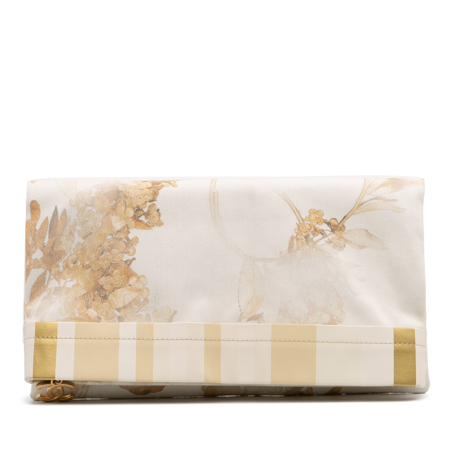 Chanel XL Printed Canvas Striped Lambskin Foldover Clutch: Chanel XL Printed Canvas Striped Lambskin Foldover Clutch This Chanel XL Printed Canvas and Striped Lambskin Foldover Clutch is a stylish accessory featuring a printed canvas body complemented by luxu