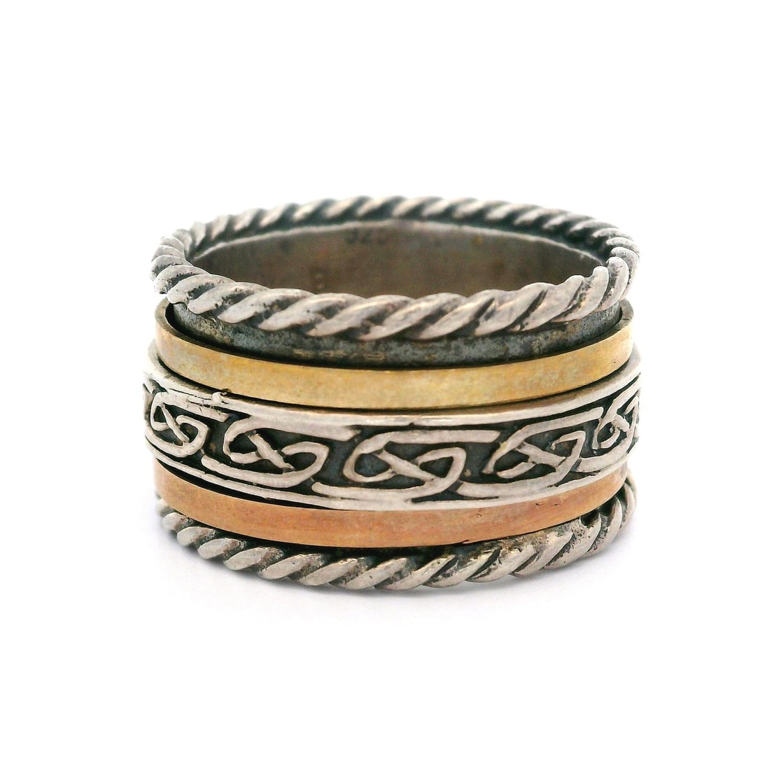 Vintage Sterling Silver Gold Plated Celtic Spinner Band Ring Size 8: Vintage Sterling Silver Gold Plated Celtic Spinner Band Ring Size 8 This vintage band ring features a unique Celtic design with a rope edge, crafted from sterling silver and enhanced with yellow and r