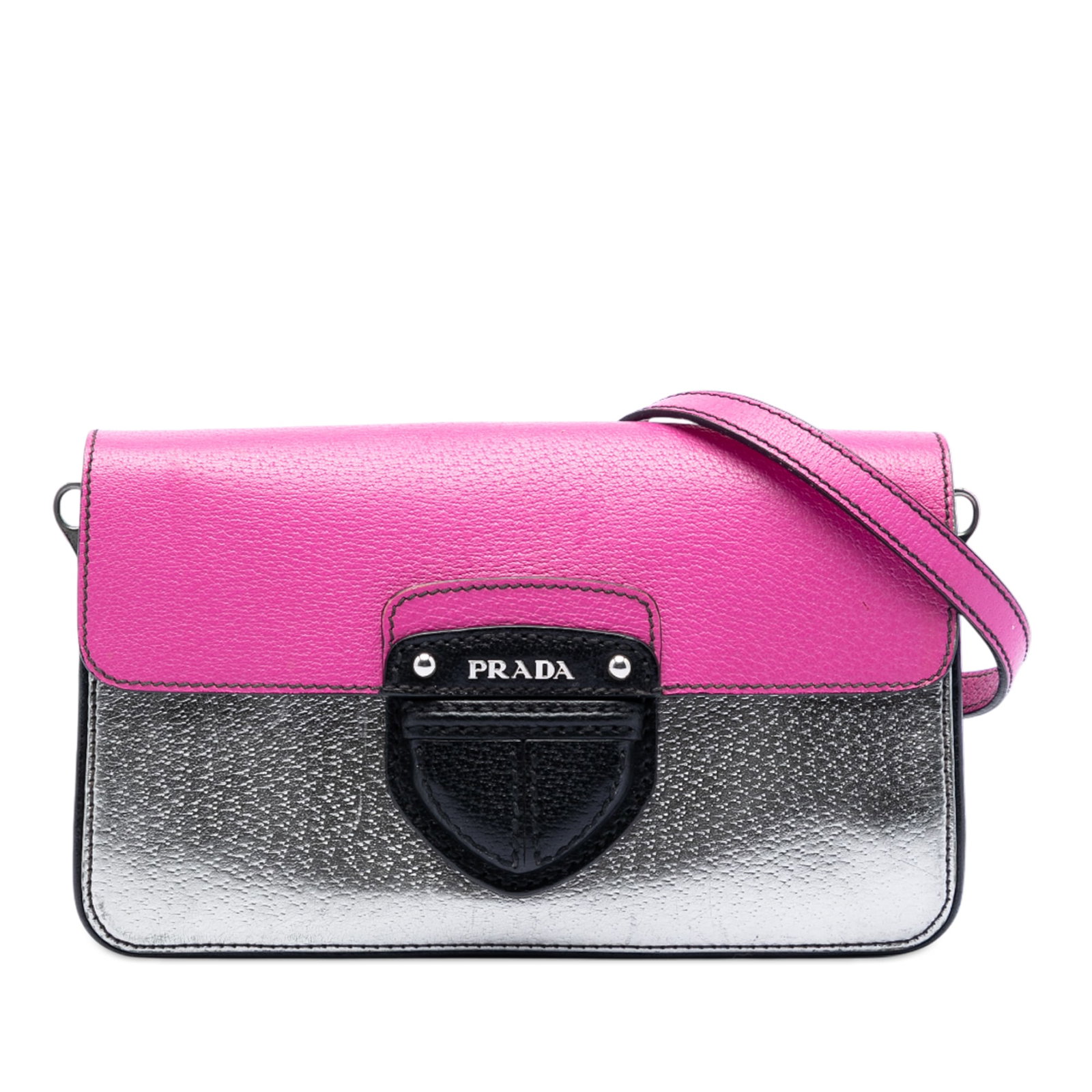 Prada Cinghiale Leather Crossbody Bag in Metallic Silver Tricolor: Prada Cinghiale Leather Crossbody Bag in Metallic Silver Tricolor This Prada Tricolor Metallic Cinghiale Crossbody bag is crafted from pigskin leather and features a silver tone. It includes an adjust