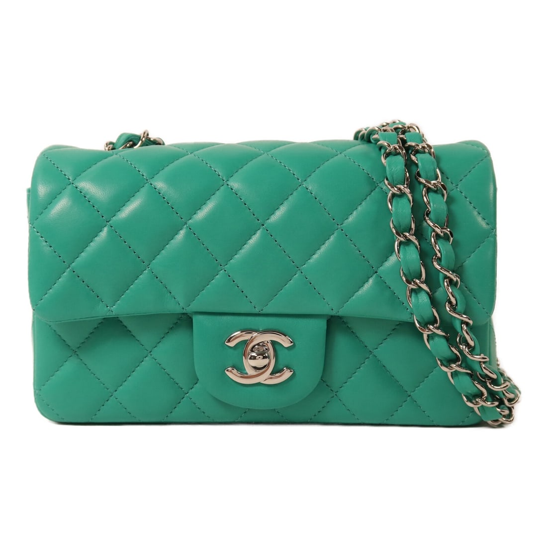 CHANEL Mini Classic 20 Lambskin Shoulder Bag Green CC SHW: CHANEL Mini Classic 20 Lambskin Shoulder Bag Green CC SHW This CHANEL Mini Classic 20 chain shoulder bag features luxurious green lambskin leather and silver-tone hardware. Designed for women, it offe