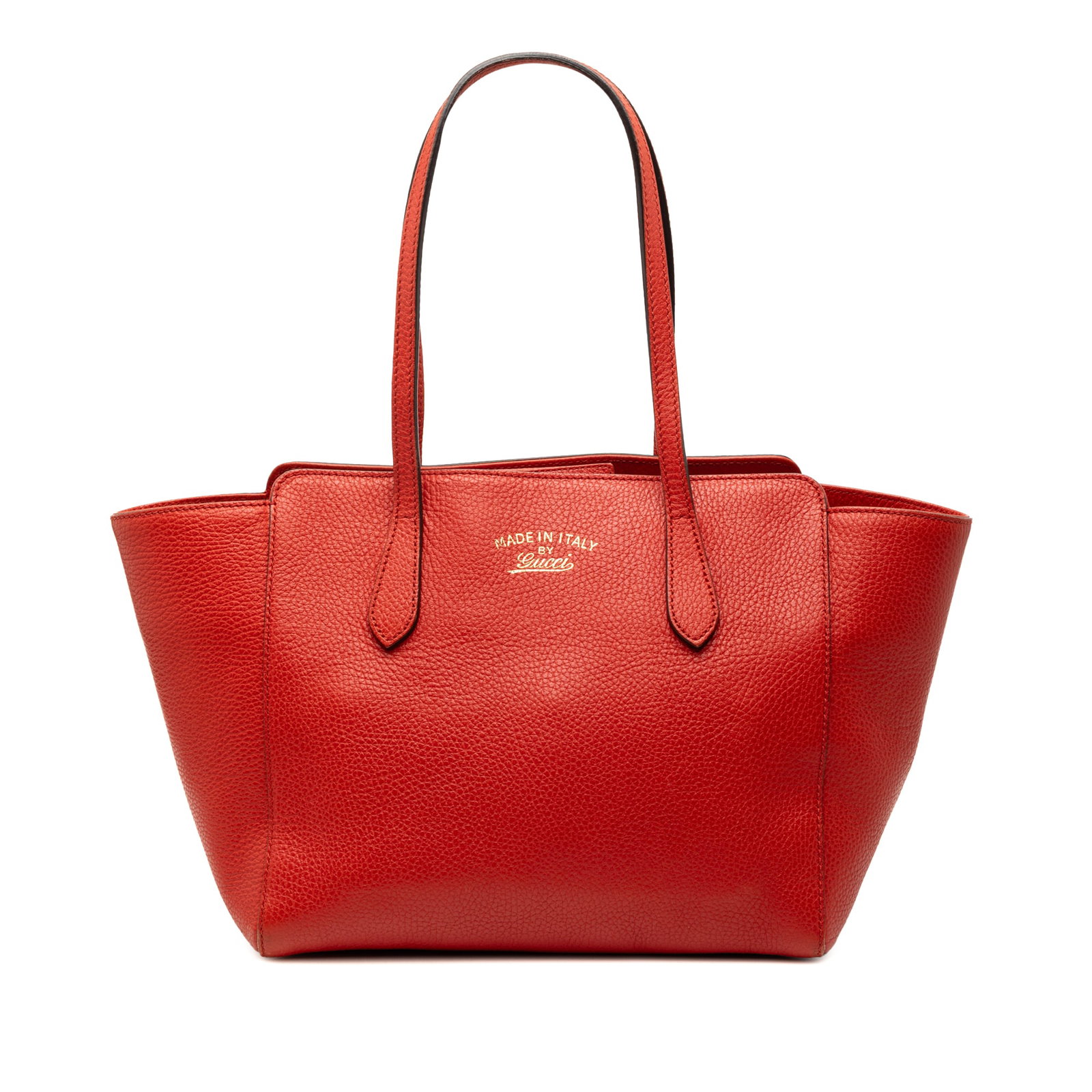Gucci Swing Tote Medium Red Leather Handbag Italy: Gucci Swing Tote Medium Red Leather Handbag Italy This Gucci Medium Dollar Calfskin Swing Tote features a red leather body, flat leather straps, an open top with magnetic closure, and interior zip and