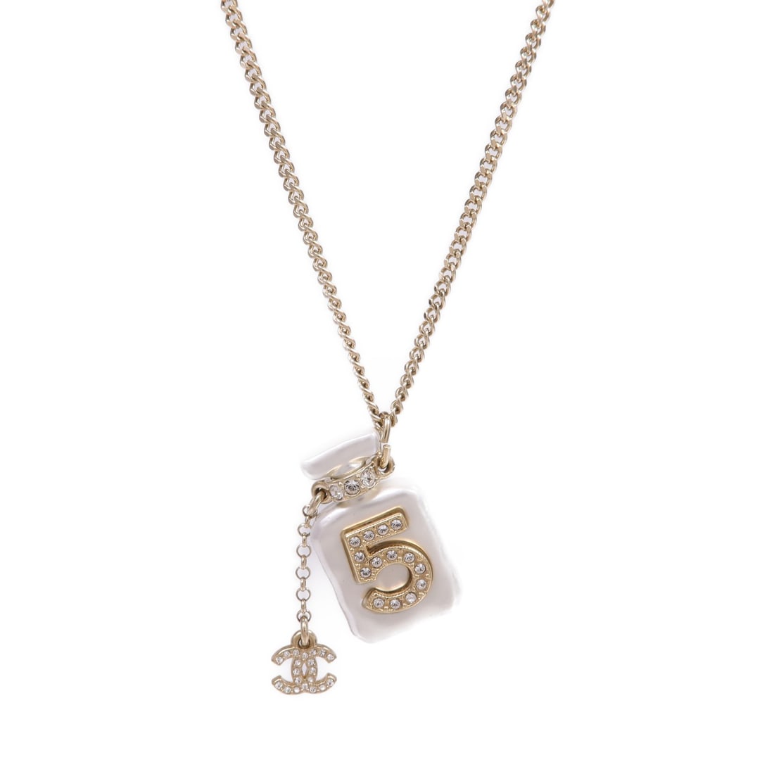 Chanel Gold Tone Crystal Embellished CC Pendant Necklace for Women: Chanel Gold Tone Crystal Embellished CC Pendant Necklace for Women This CHANEL CC necklace features a gold-colored metal finish and is designed for women. The necklace does not include any stones and 