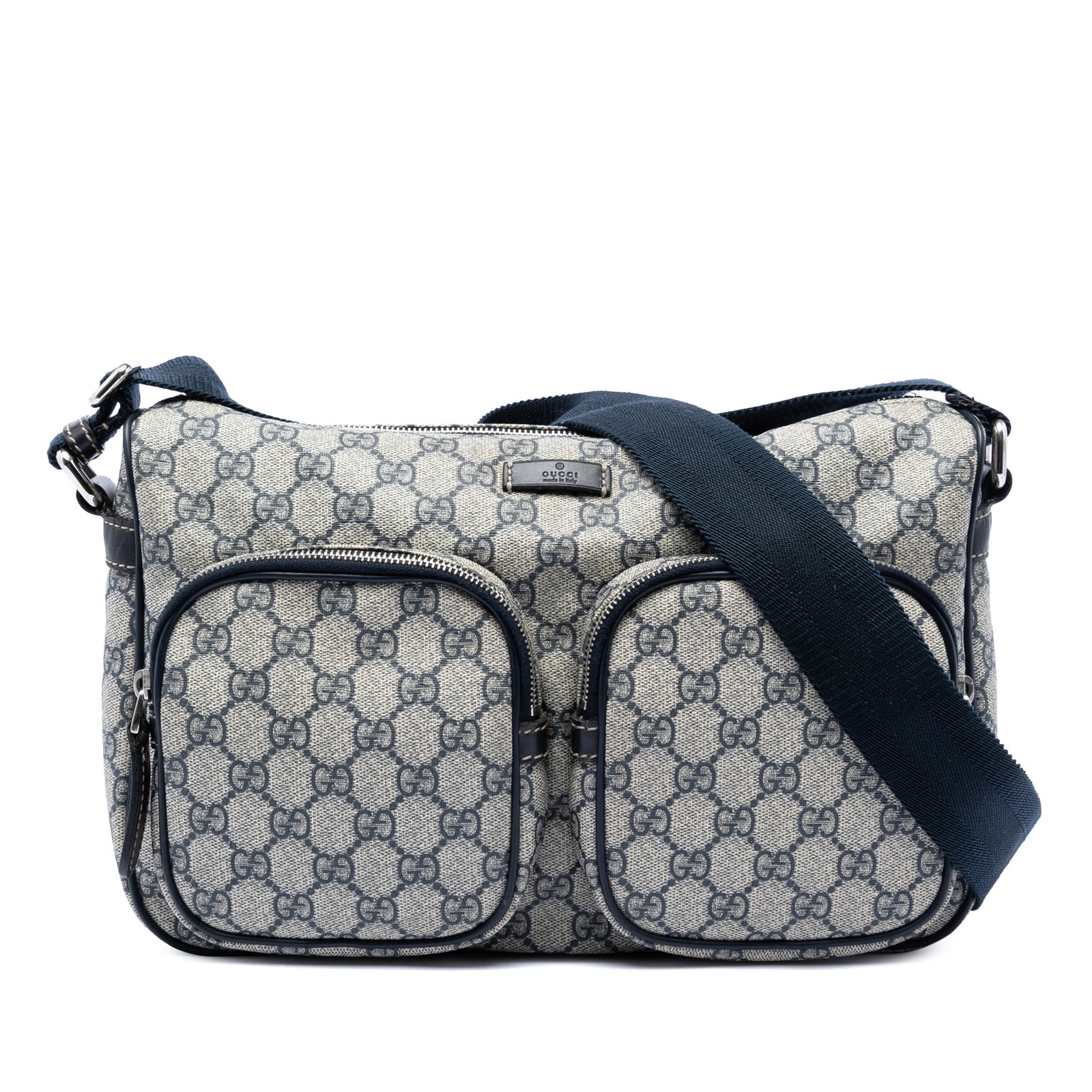 GG Supreme Beige Crossbody Bag with Double Front Pockets by Gucci: GG Supreme Beige Crossbody Bag with Double Front Pockets by Gucci This Gucci GG Supreme Double Pocket Crossbody features a coated canvas body with leather trim, an adjustable flat strap, a top zip clo