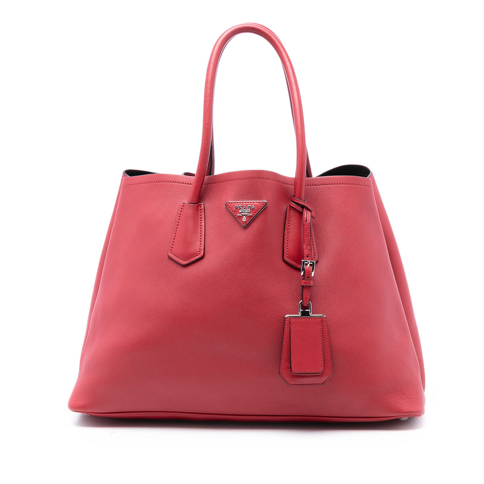 Prada Red Saffiano Leather Large Double Satchel with Shoulder Strap: Prada Red Saffiano Leather Large Double Satchel with Shoulder Strap This Prada Large Saffiano Cuir Double Satchel is crafted from saffiano leather in red and features rolled leather handles, a detacha