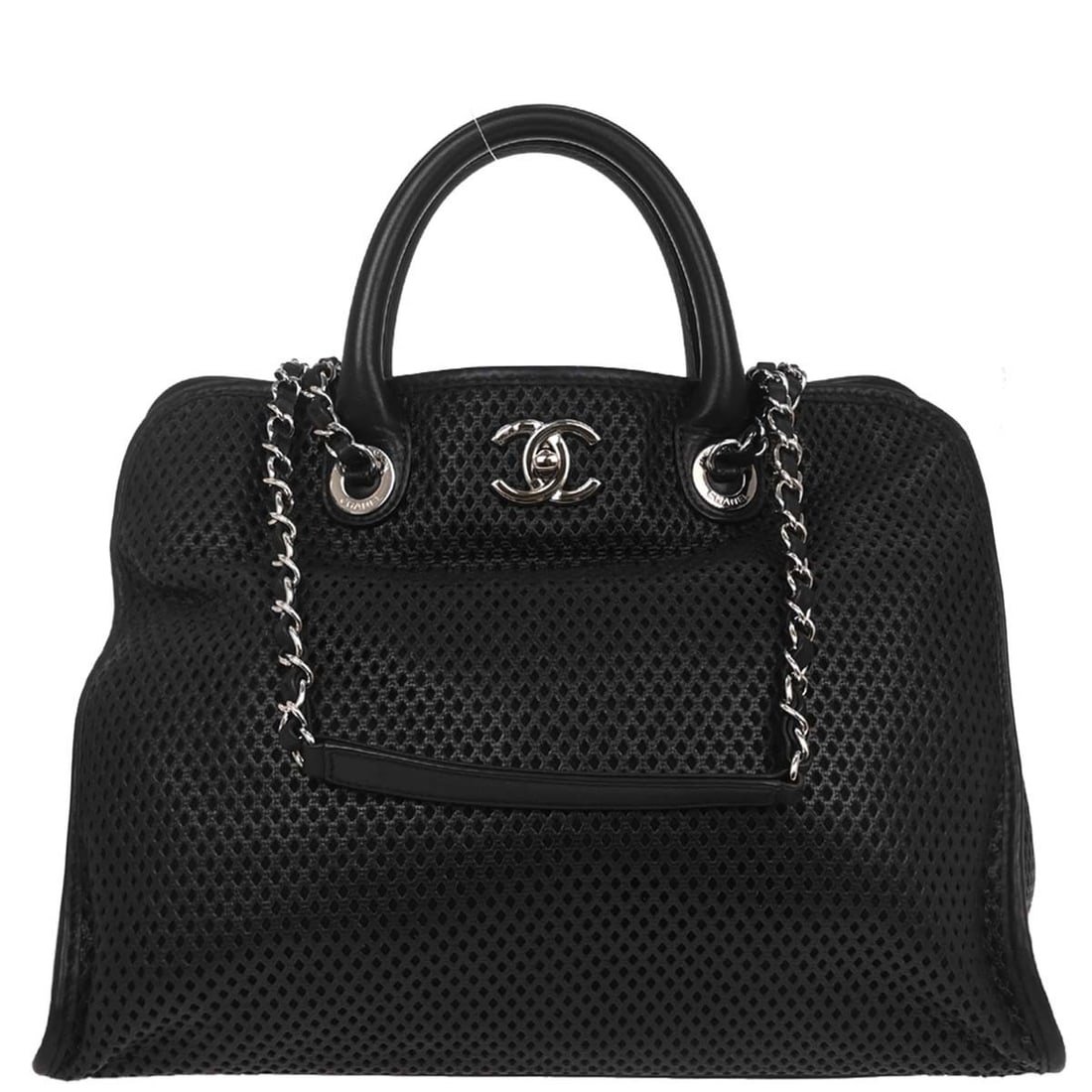 Chanel Up In The Air Black Leather Tote with Chain Strap: Chanel Up In The Air Black Leather Tote with Chain Strap This Chanel Up In The Air tote is crafted from black perforated calfskin leather and features quilted accents. Designed in a medium size, it of