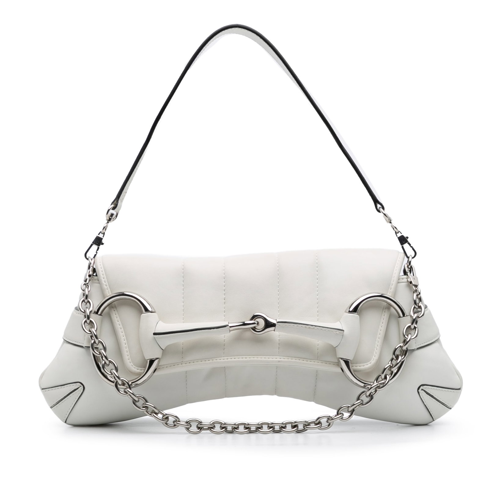 Gucci Small Leather Horsebit Chain Satchel White Italy: Gucci Small Leather Horsebit Chain Satchel White Italy This elegant Gucci Small Leather Horsebit Chain Satchel is crafted from high-quality leather in a classic white color. It features a stylish fron