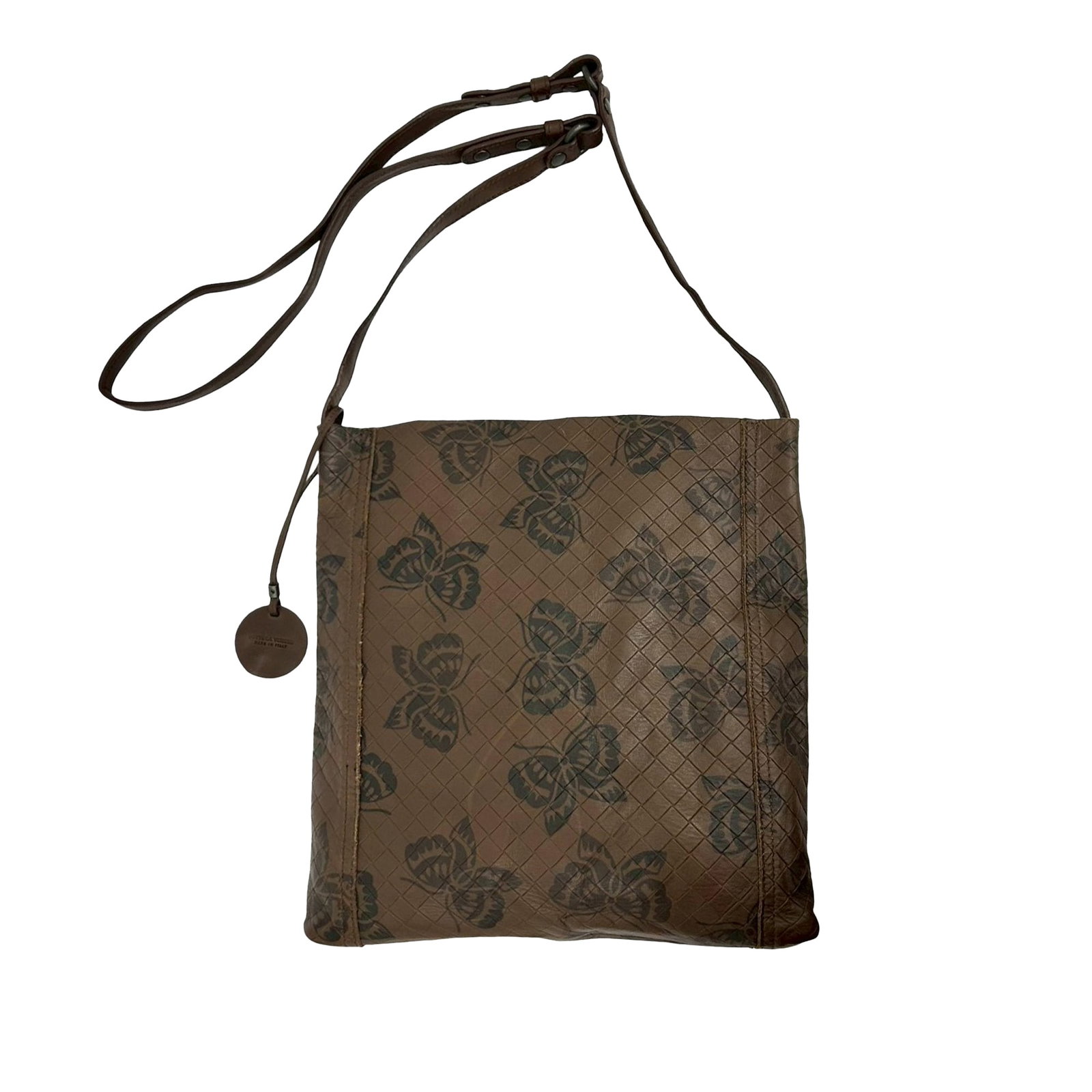 Bottega Veneta Butterfly Intrecciomirage Leather Crossbody Bag Brown: Bottega Veneta Butterfly Intrecciomirage Leather Crossbody Bag Brown This Bottega Veneta Intrecciomirage Butterfly crossbody bag features an embossed leather body in brown, a flat leather shoulder str