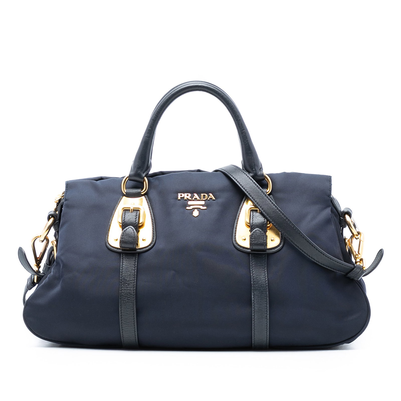 Blue Tessuto Satchel with Leather Accents by Prada: Blue Tessuto Satchel with Leather Accents by Prada This Prada Soft Calf Trimmed Tessuto Satchel features a durable nylon body with leather trim, rolled leather handles, and a detachable flat leather s