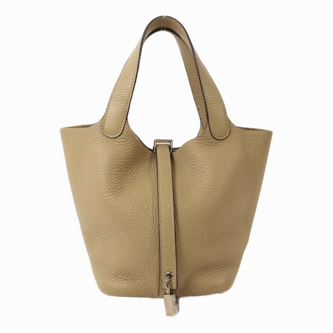 Picotin PM Tote by Hermes in Trench Clemence Leather with Palladium Hardware: Picotin PM Tote by Hermes in Trench Clemence Leather with Palladium Hardware This Hermes Picotin PM tote bag is crafted from Taurillon Clemence calfskin leather in a beige color. Designed for women,
