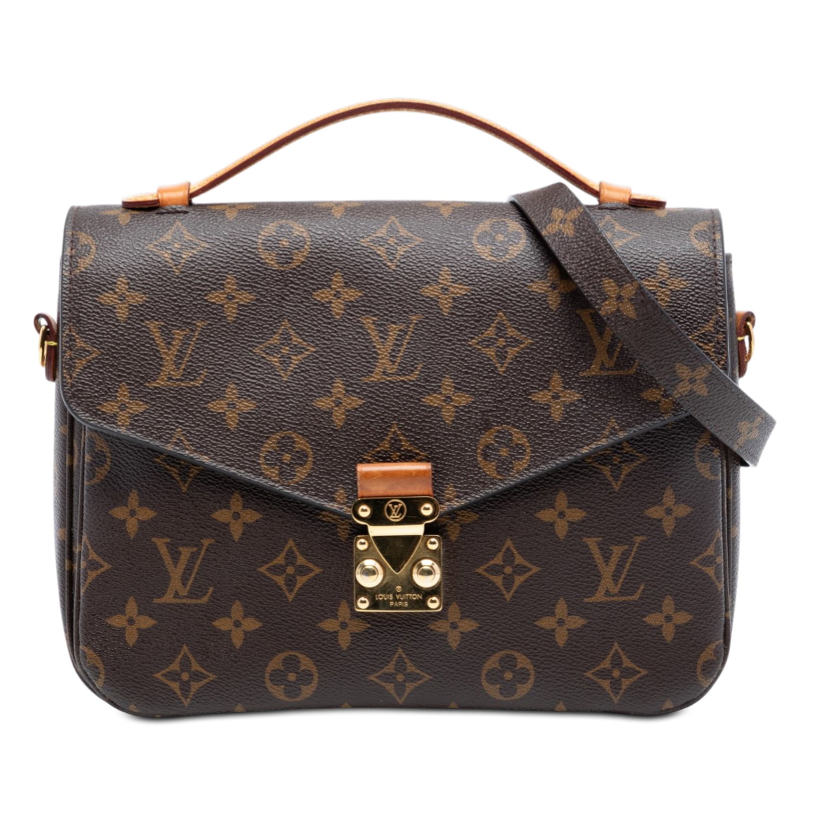 Louis Vuitton Pochette Metis Shoulder Bag with Monogram Canvas and S-Lock: Louis Vuitton Pochette Metis Shoulder Bag with Monogram Canvas and S-Lock The Louis Vuitton Pochette Metis showcases the iconic monogram canvas with a flat vachetta leather top handle and a