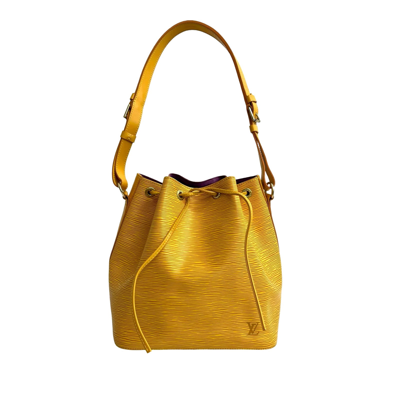 Louis Vuitton Petit Noe Yellow Epi Leather Shoulder Bag with Drawstring: Louis Vuitton Petit Noe Yellow Epi Leather Shoulder Bag with Drawstring This Louis Vuitton Epi Petit Noe bag features a yellow epi leather body with an adjustable flat leather shoulder strap and an op