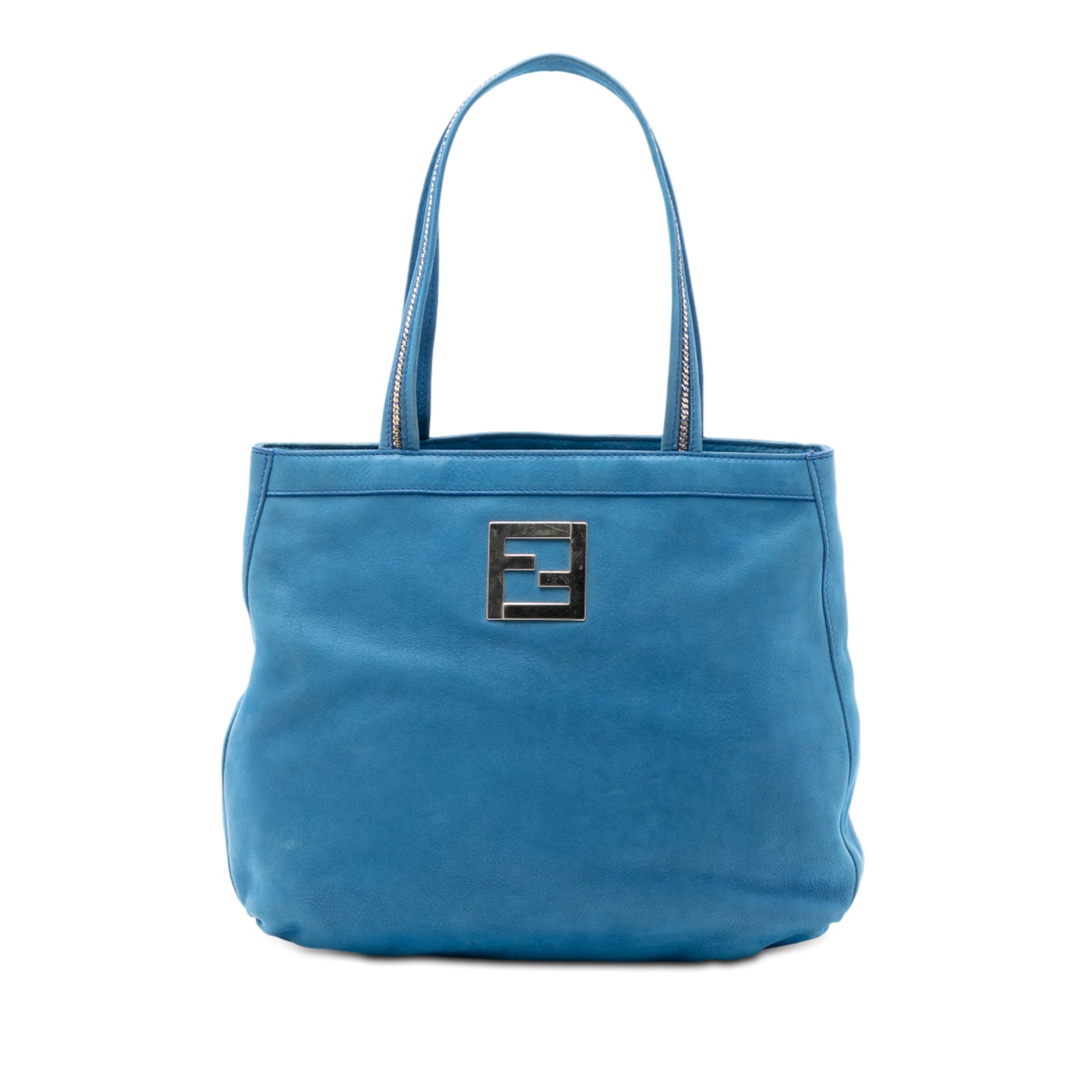 Blue Nubuck Leather Fendi FF Chains Tote Bag with Chain Handle Detail: Blue Nubuck Leather Fendi FF Chains Tote Bag with Chain Handle Detail This Fendi Nubuck FF Chains Tote features a blue nubuck leather body with flat leather handles accented by chain details. The bag 