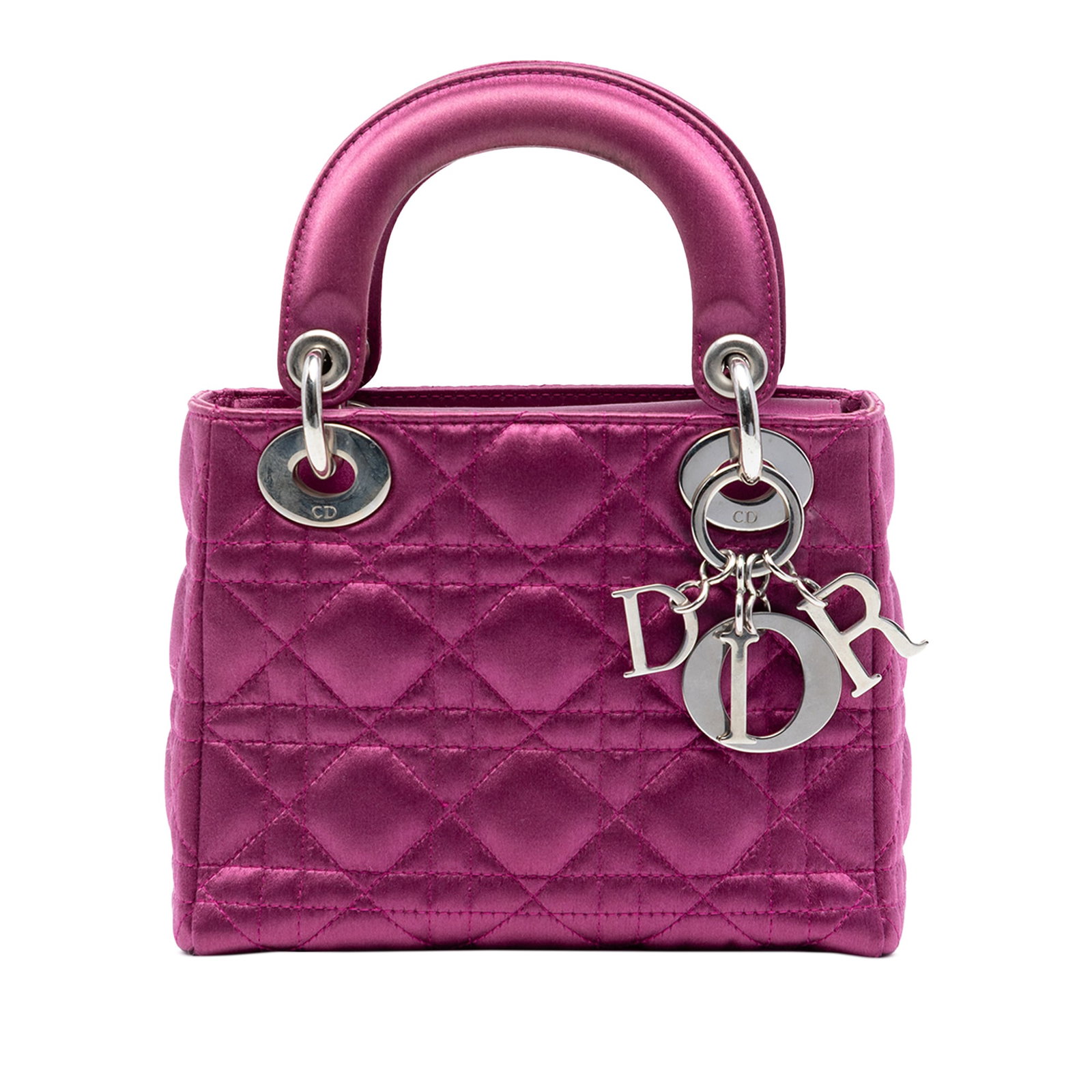 Pink Mini Lady Dior Cannage Satin Bag with Quilted Design: Pink Mini Lady Dior Cannage Satin Bag with Quilted Design This Mini Satin Cannage Lady Dior bag features a quilted satin body in pink, flat top handles, a fold-in flap closure, and an interior zip poc