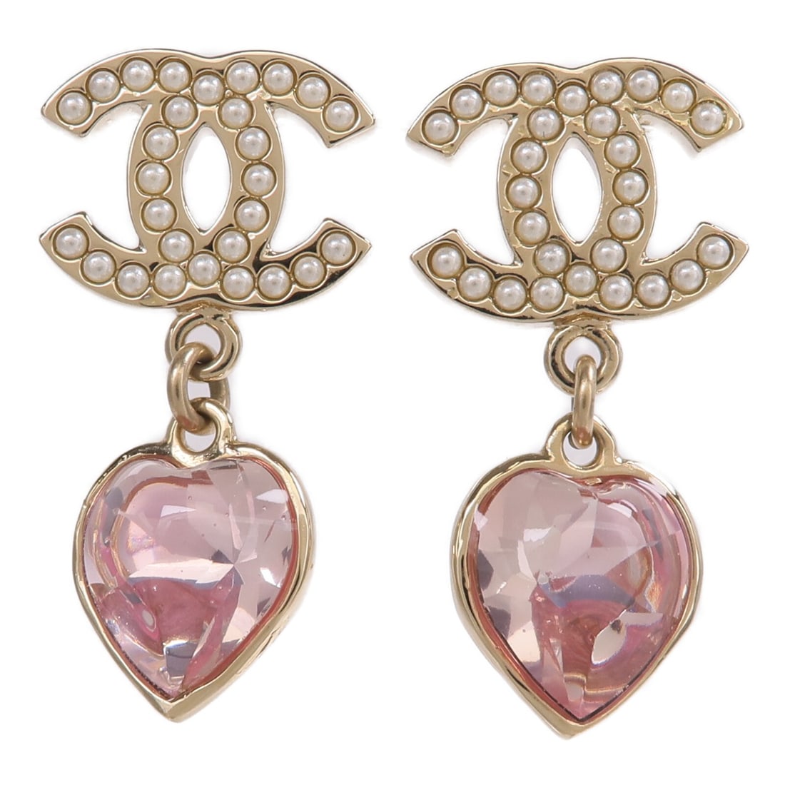 CHANEL Pink Gold Tone CC Pierced Earrings: CHANEL Pink Gold Tone CC Pierced Earrings These CHANEL pierced earrings feature the iconic CC logo design in a combination of gold, pink, and white tones. Crafted for women, these earrings are made fr