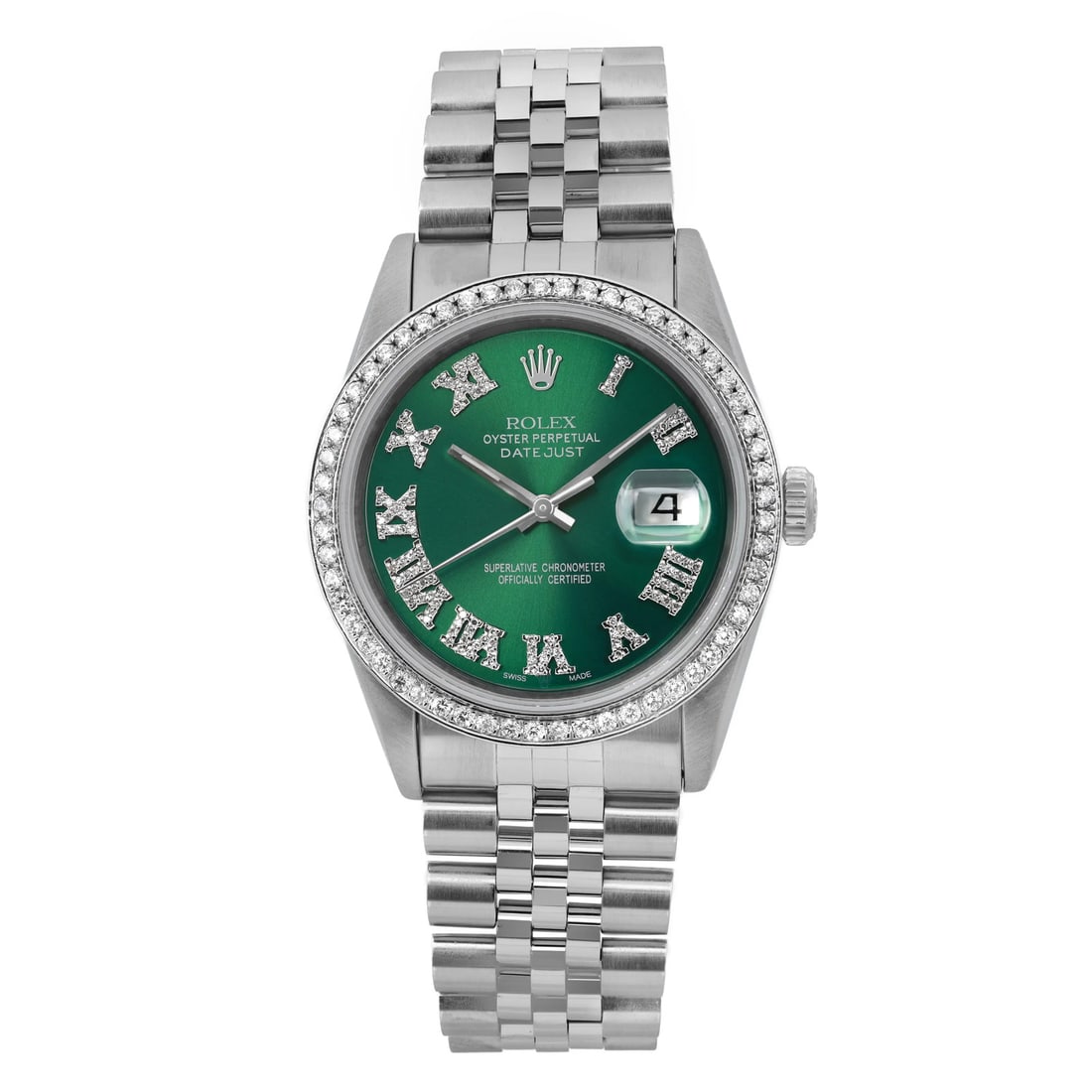 Rolex Datejust 16220 36mm Green Custom Dial Diamond Bezel Men's Watch: Rolex Datejust 16220 36mm Green Custom Dial Diamond Bezel Men's Watch This Rolex Datejust wristwatch features a 36mm stainless steel case with a polished finish, complemented by a unique green custom 