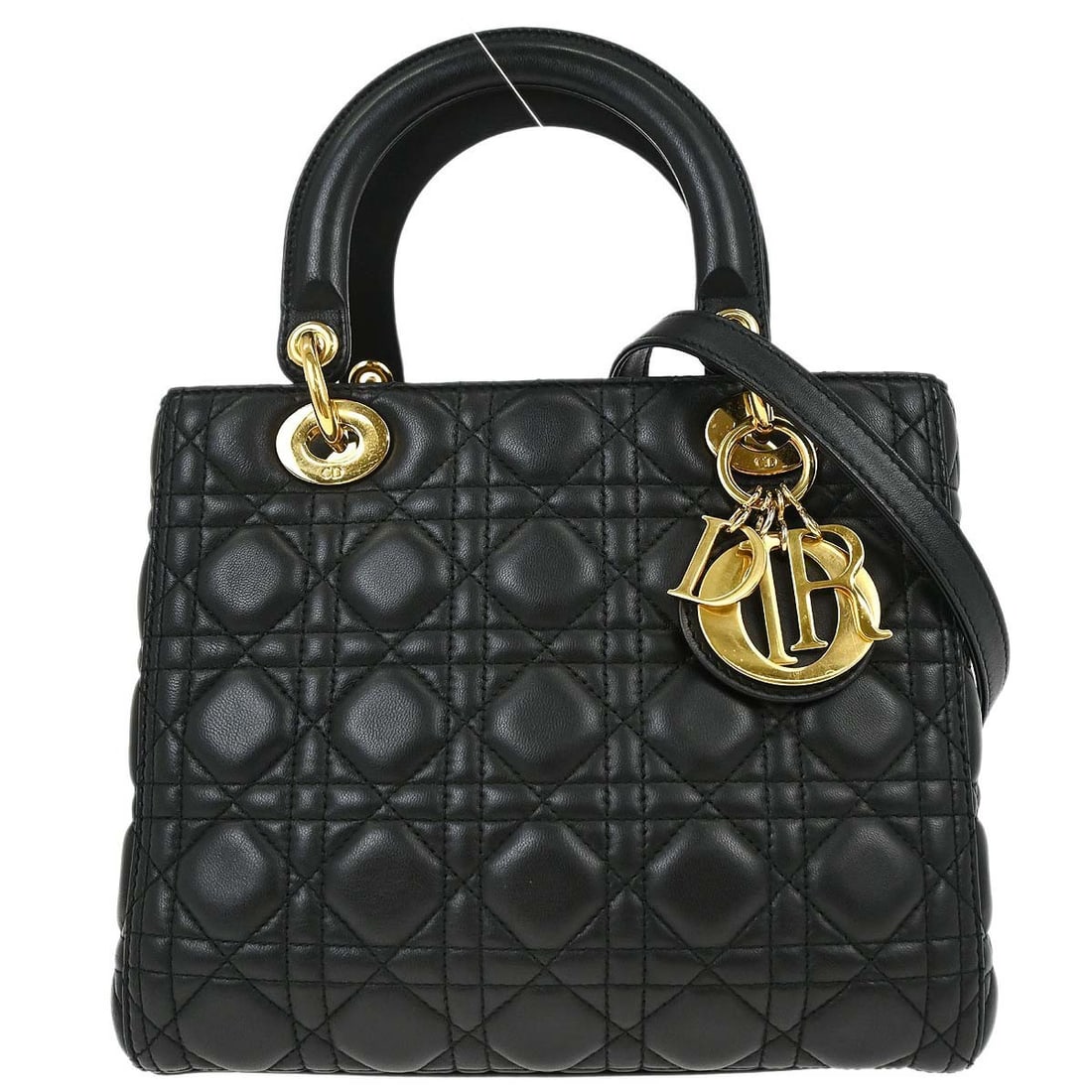 Lady Dior Black Quilted Lambskin Medium Satchel with 2way Strap: Lady Dior Black Quilted Lambskin Medium Satchel with 2way Strap This Christian Dior Lady Dior handbag features black quilted lambskin in the iconic Dior Cannage pattern. The medium-sized bag offers