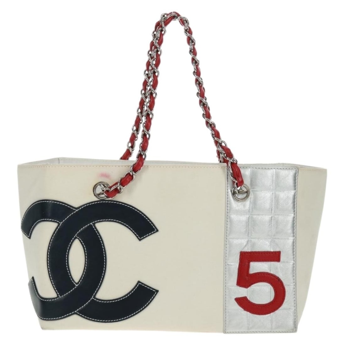 White Canvas and Leather Chanel No 5 Tote Bag 29cm by 19cm by 15cm: White Canvas and Leather Chanel No 5 Tote Bag 29cm by 19cm by 15cm Chanel No.5 Tote designed for women, crafted from white canvas with leather accents. The tote features metal fittings and measures 29
