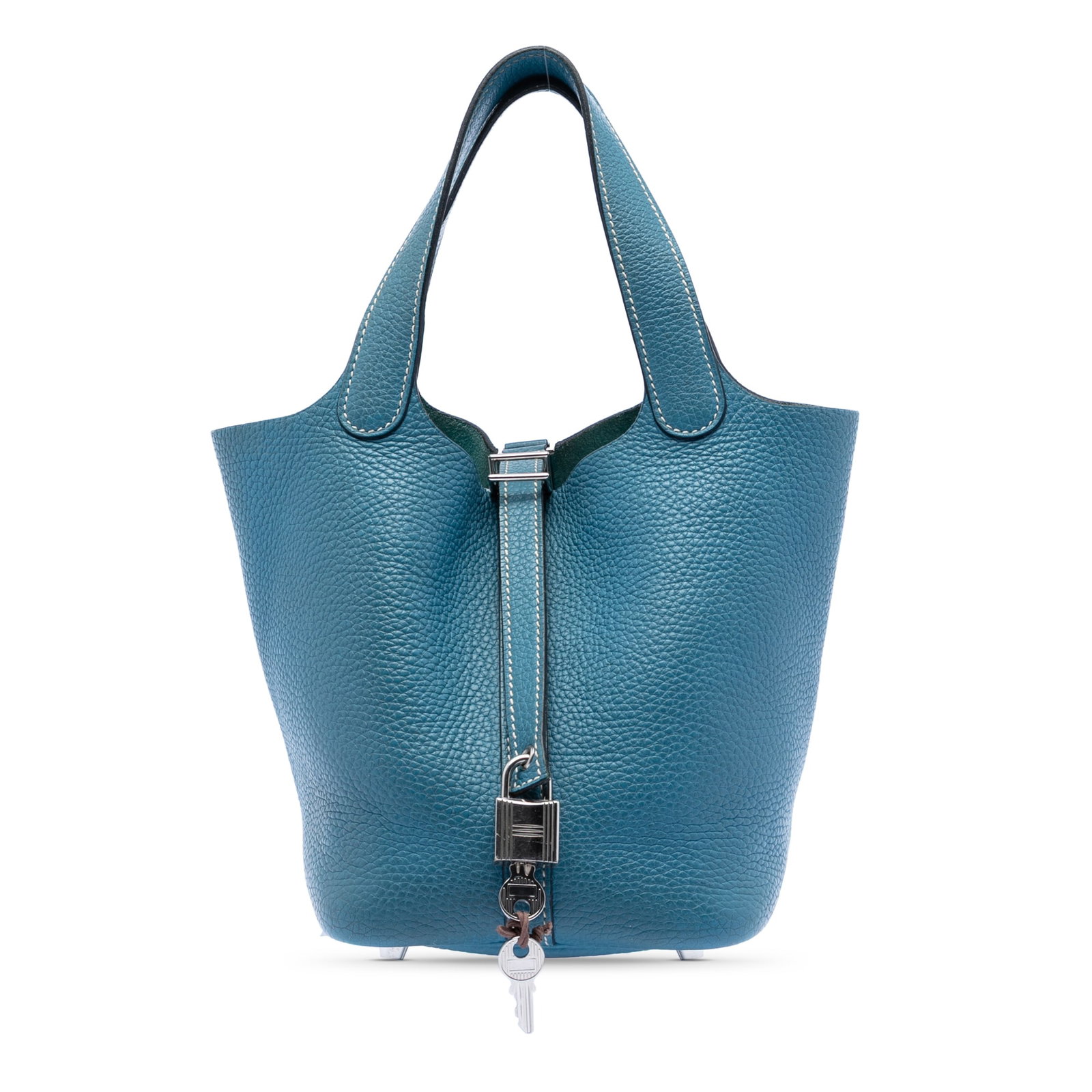 Hermes Blue Jean Clemence Leather Picotin Lock 18 Bag France: Hermes Blue Jean Clemence Leather Picotin Lock 18 Bag France The Hermes Clemence Picotin Lock 18 features a Blue Jean Clemence leather body with flat leather straps and a top strap and buckle closure.