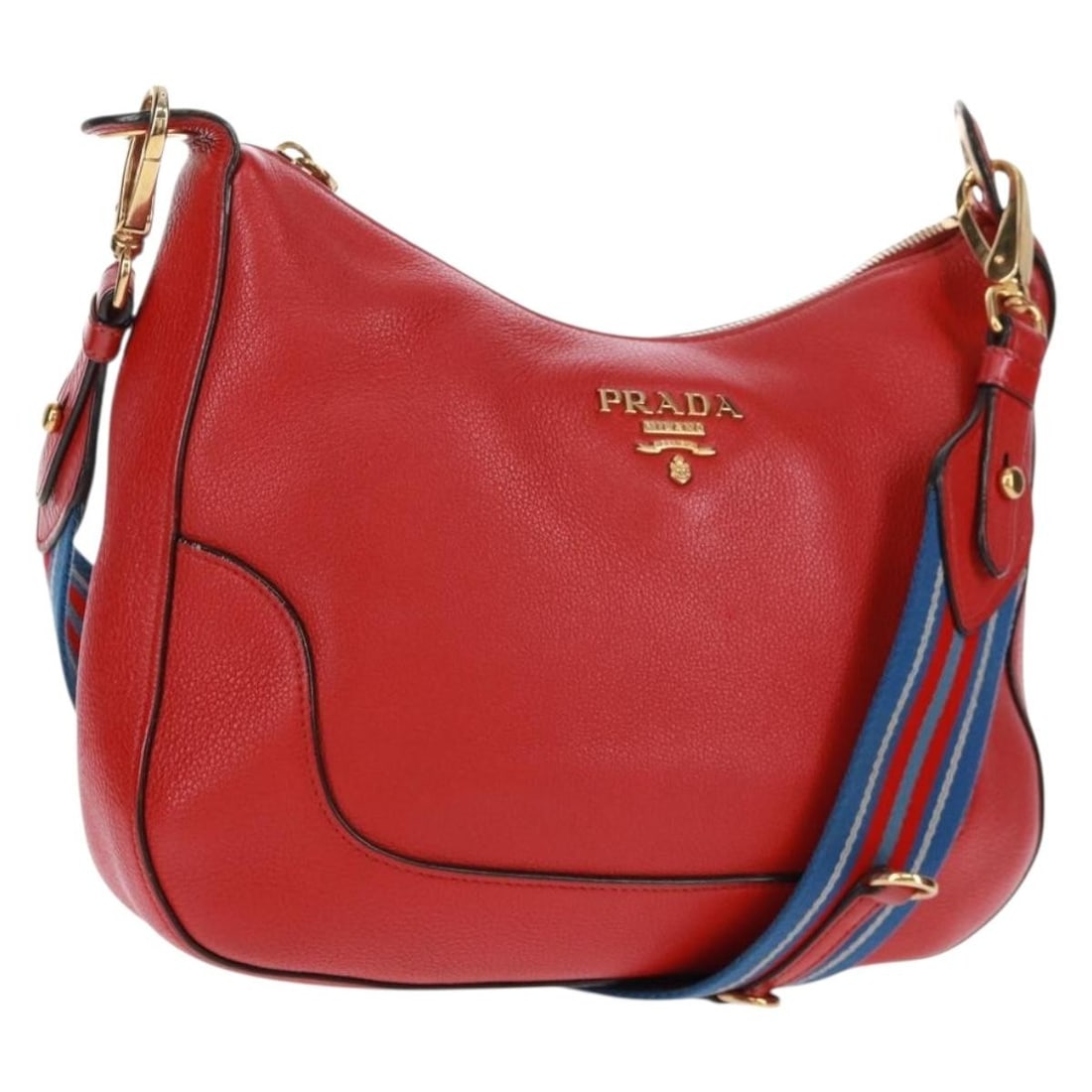 Prada Zip Hobo Red Leather with Striped Shoulder Strap: Prada Zip Hobo Red Leather with Striped Shoulder Strap This Prada Striped Strap Zip Hobo is crafted from red leather and features a striped strap design. Designed for women, the bag includes a zip clo